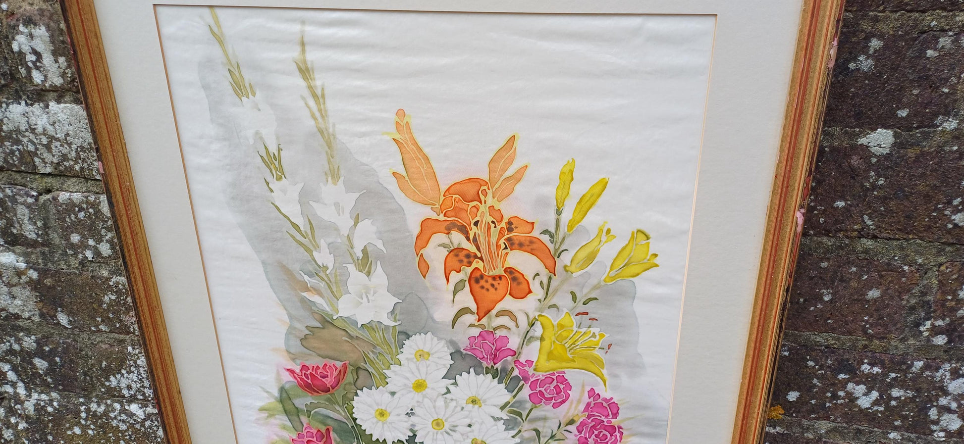 Stunning silk painting - framed still life on silk - vintage art - 76cm x 50cm