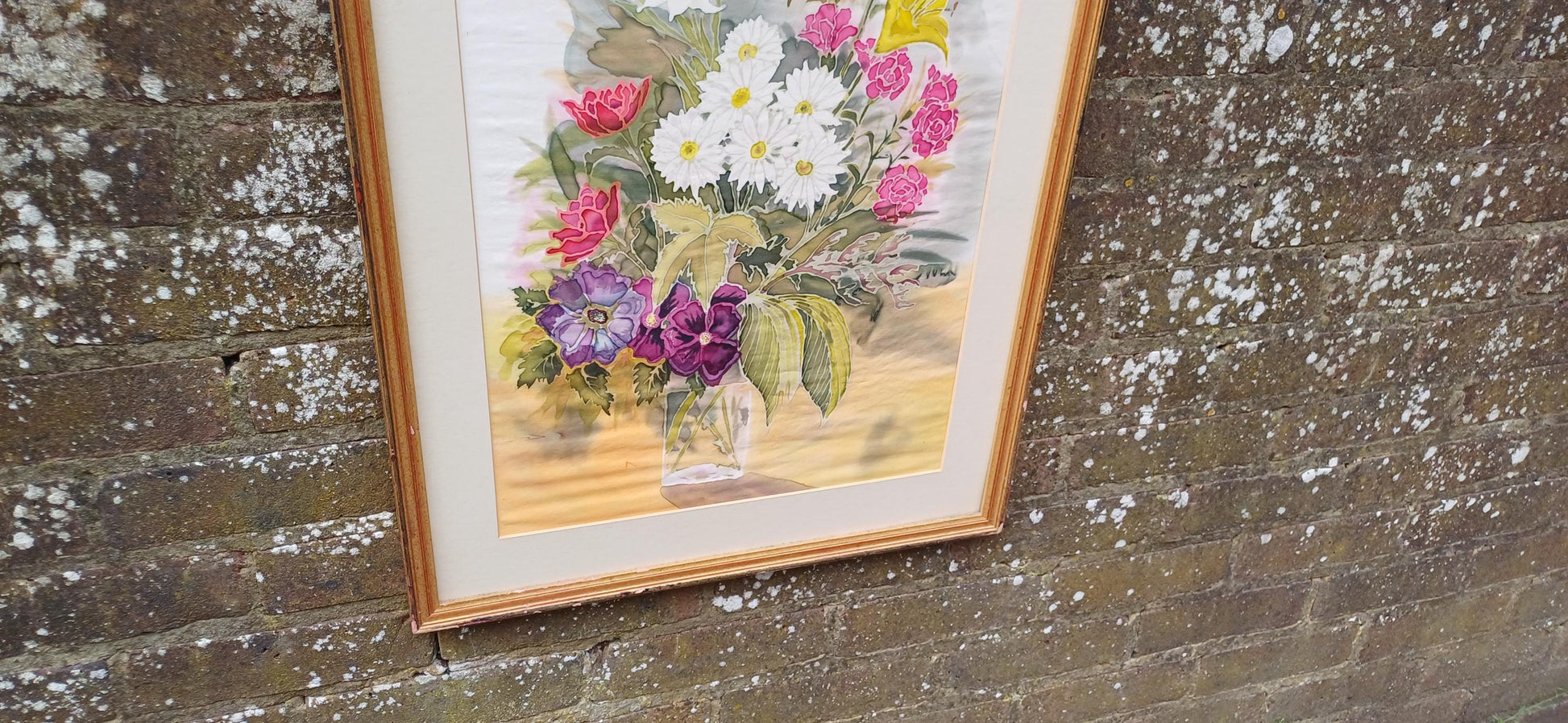 Stunning silk painting - framed still life on silk - vintage art - 76cm x 50cm