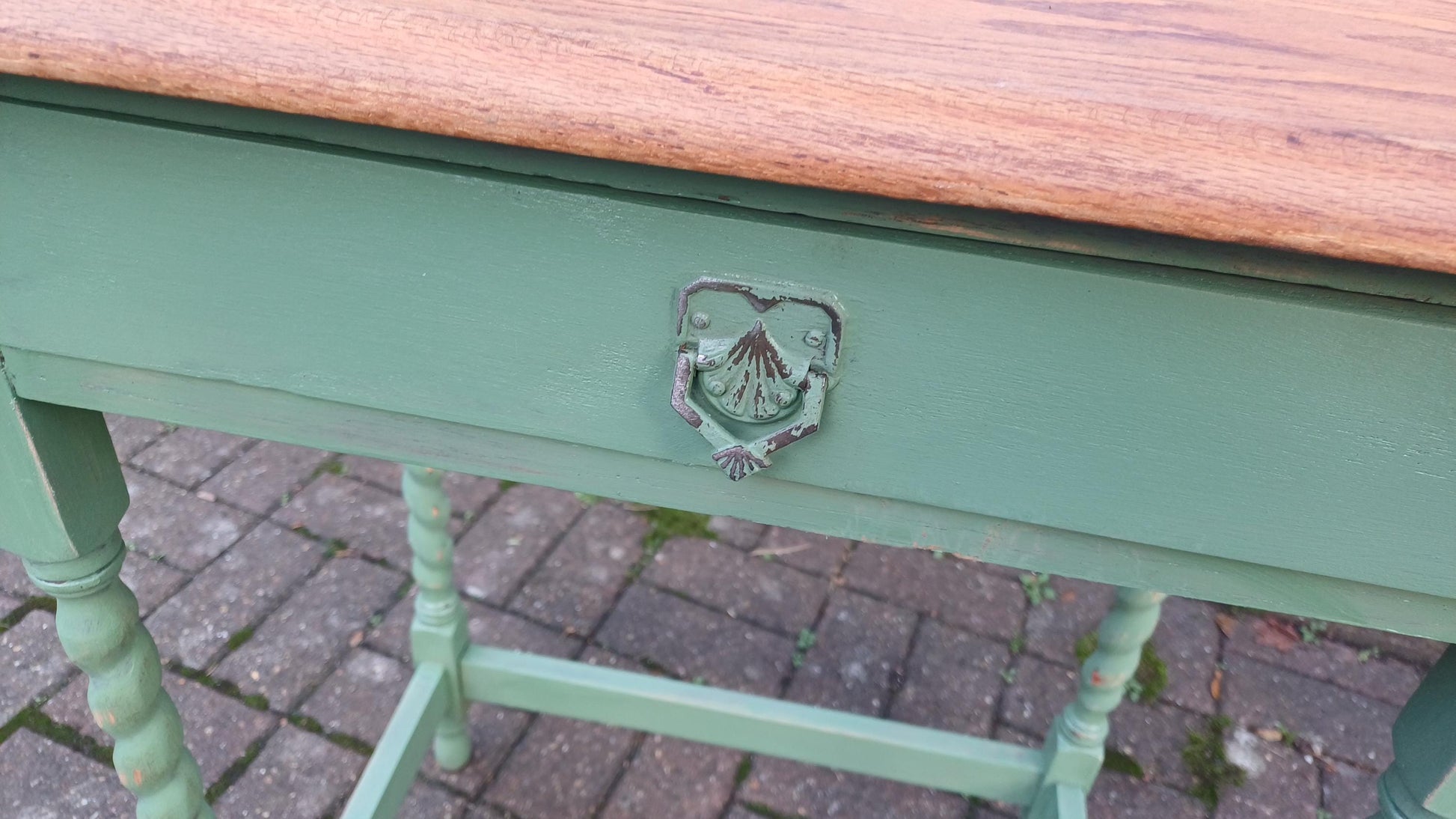Beautiful and Very Useful Solid Oak Painted Side Table with Drawer in Green Stripped and Oiled Top