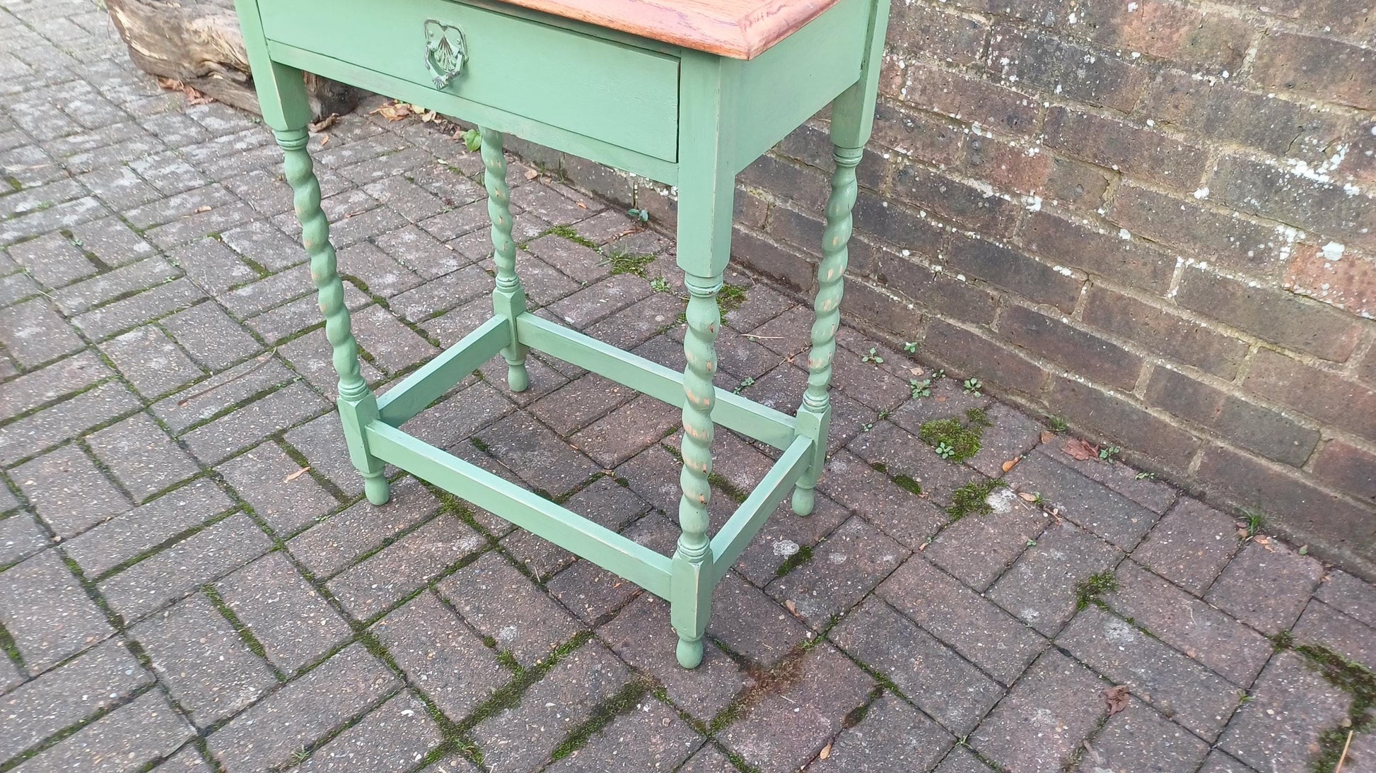 Beautiful and Very Useful Solid Oak Painted Side Table with Drawer in Green Stripped and Oiled Top