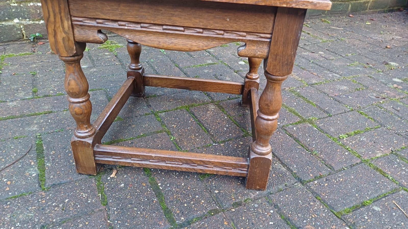 Early 1900s small oak vintage coffee table - delightful, useful, attractive, refurbed top (approx 45cm sq)