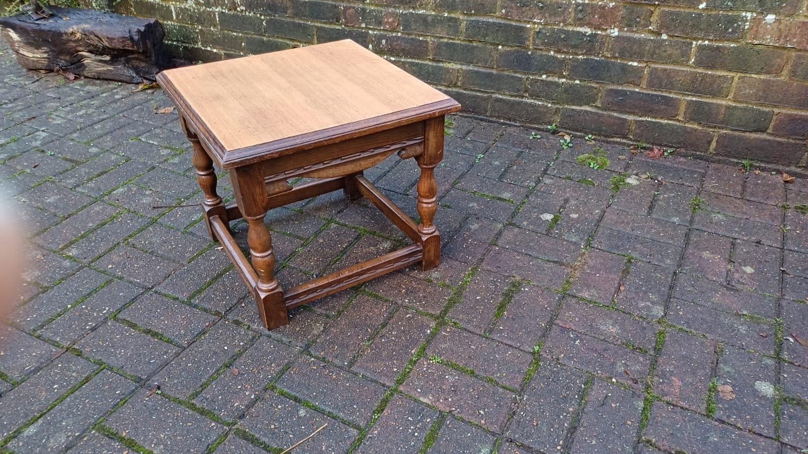 Early 1900s small oak vintage coffee table - delightful, useful, attractive, refurbed top (approx 45cm sq)