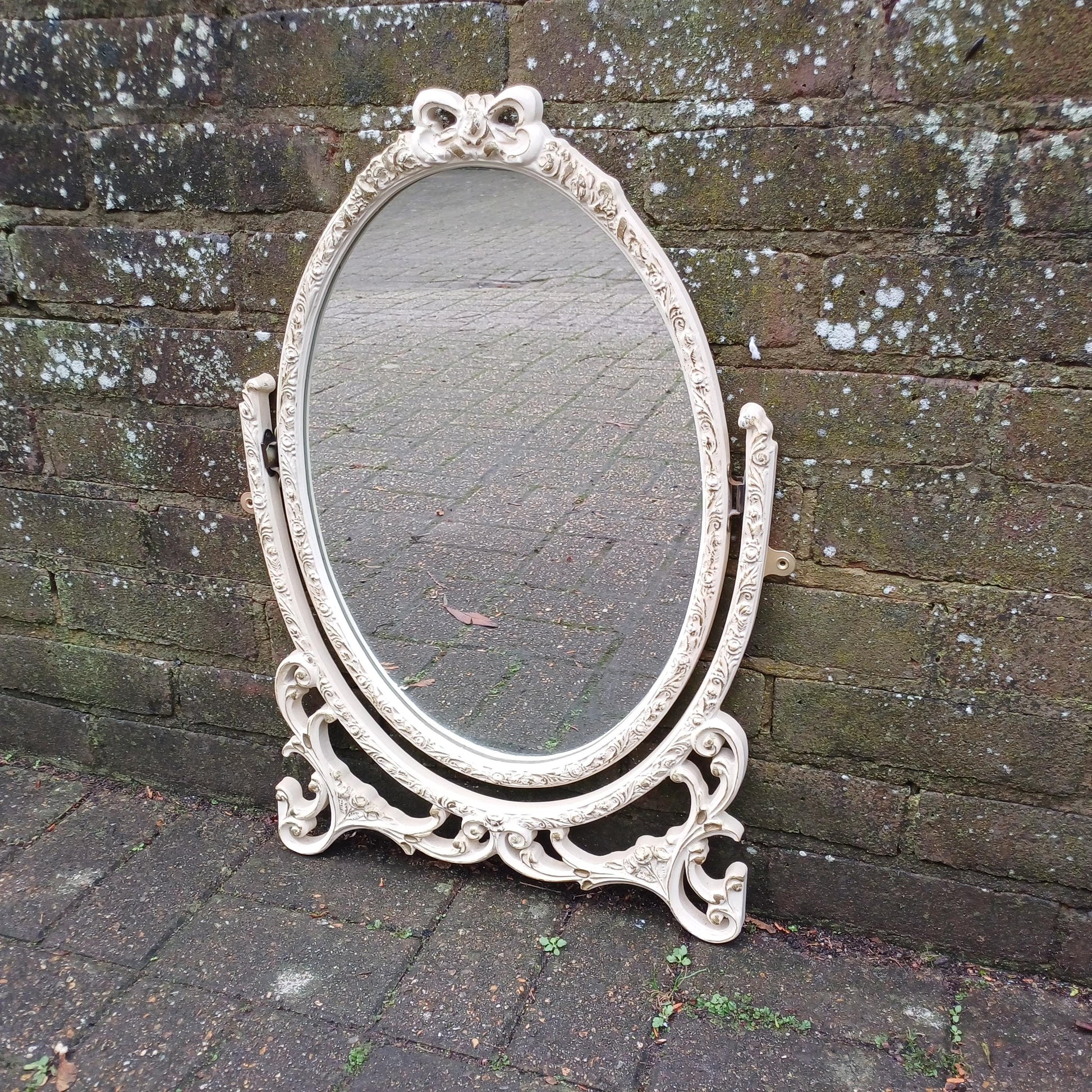 Classic Repurposed Vintage 1970s Ornate Cream and Gold Oval Wall Mirror