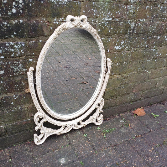 Classic Repurposed Vintage 1970s Ornate Cream and Gold Oval Wall Mirror