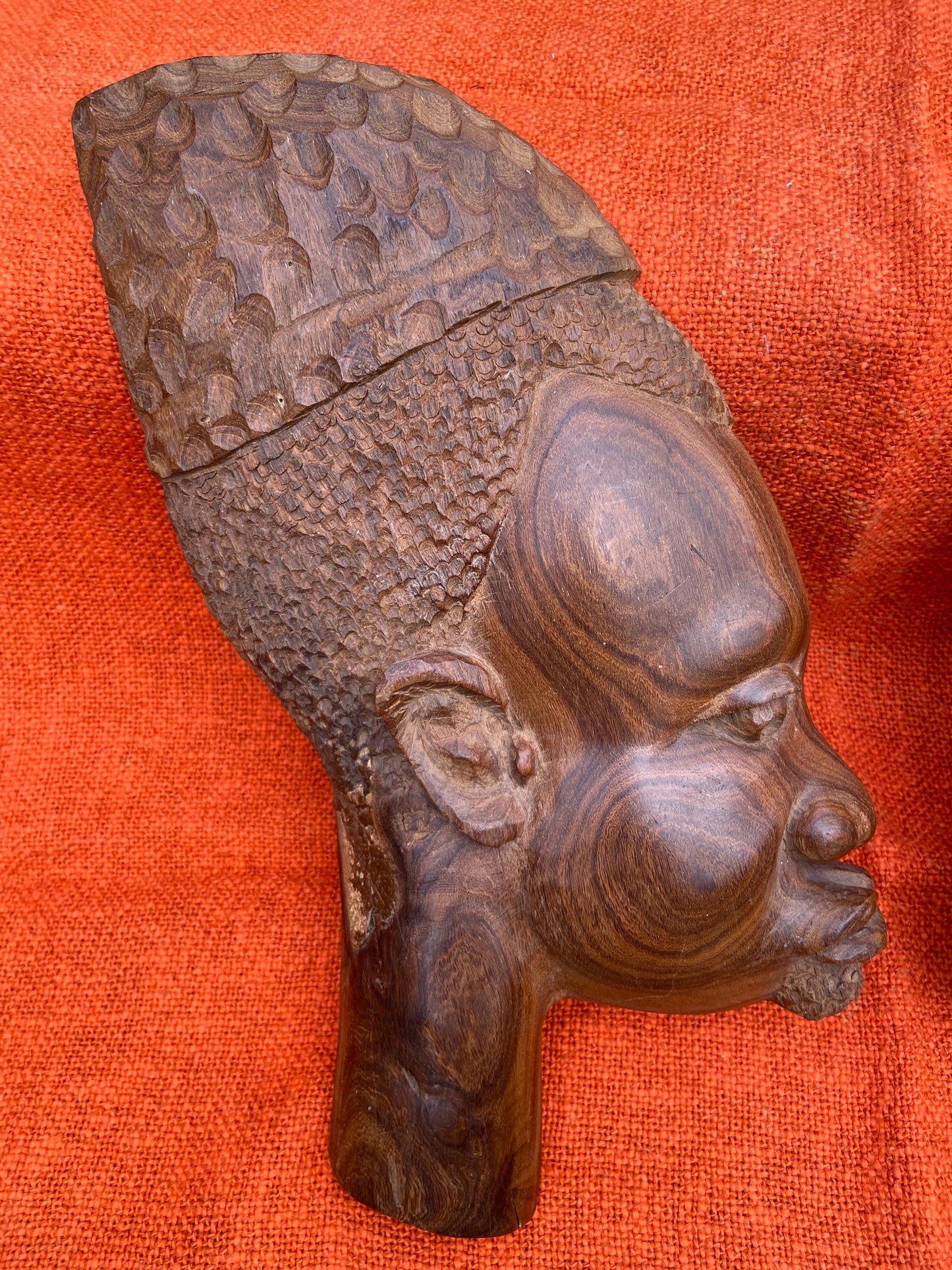 Vintage African hand carved wood faces, pair of African sculptures, Ethnic art, wooden wall art