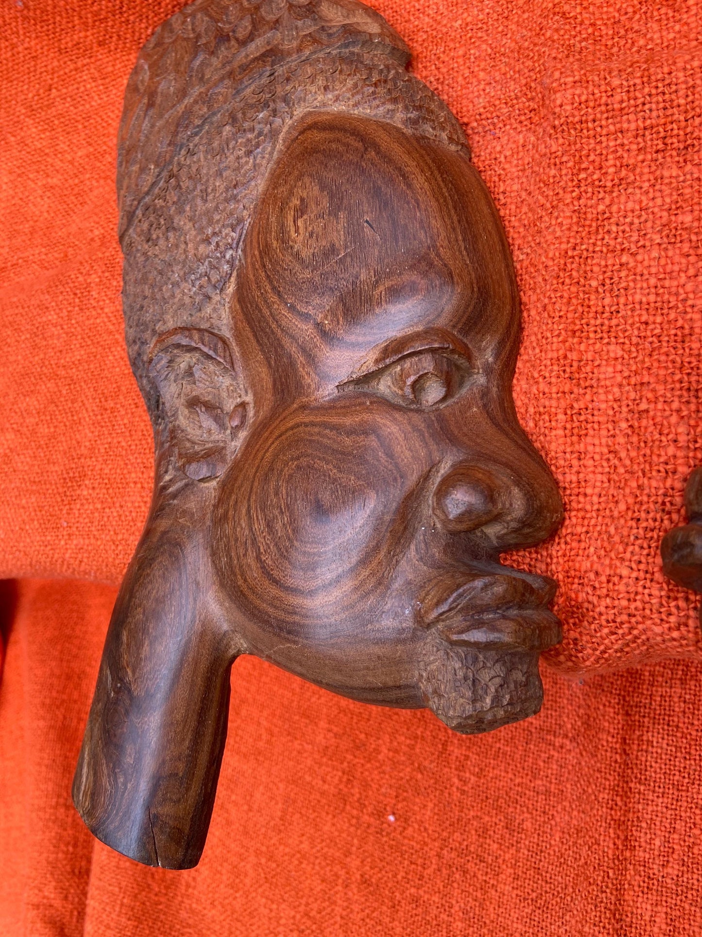 Vintage African hand carved wood faces, pair of African sculptures, Ethnic art, wooden wall art