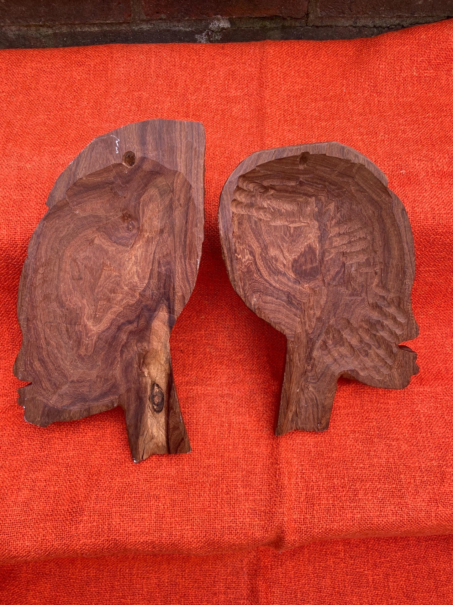 Vintage African hand carved wood faces, pair of African sculptures, Ethnic art, wooden wall art