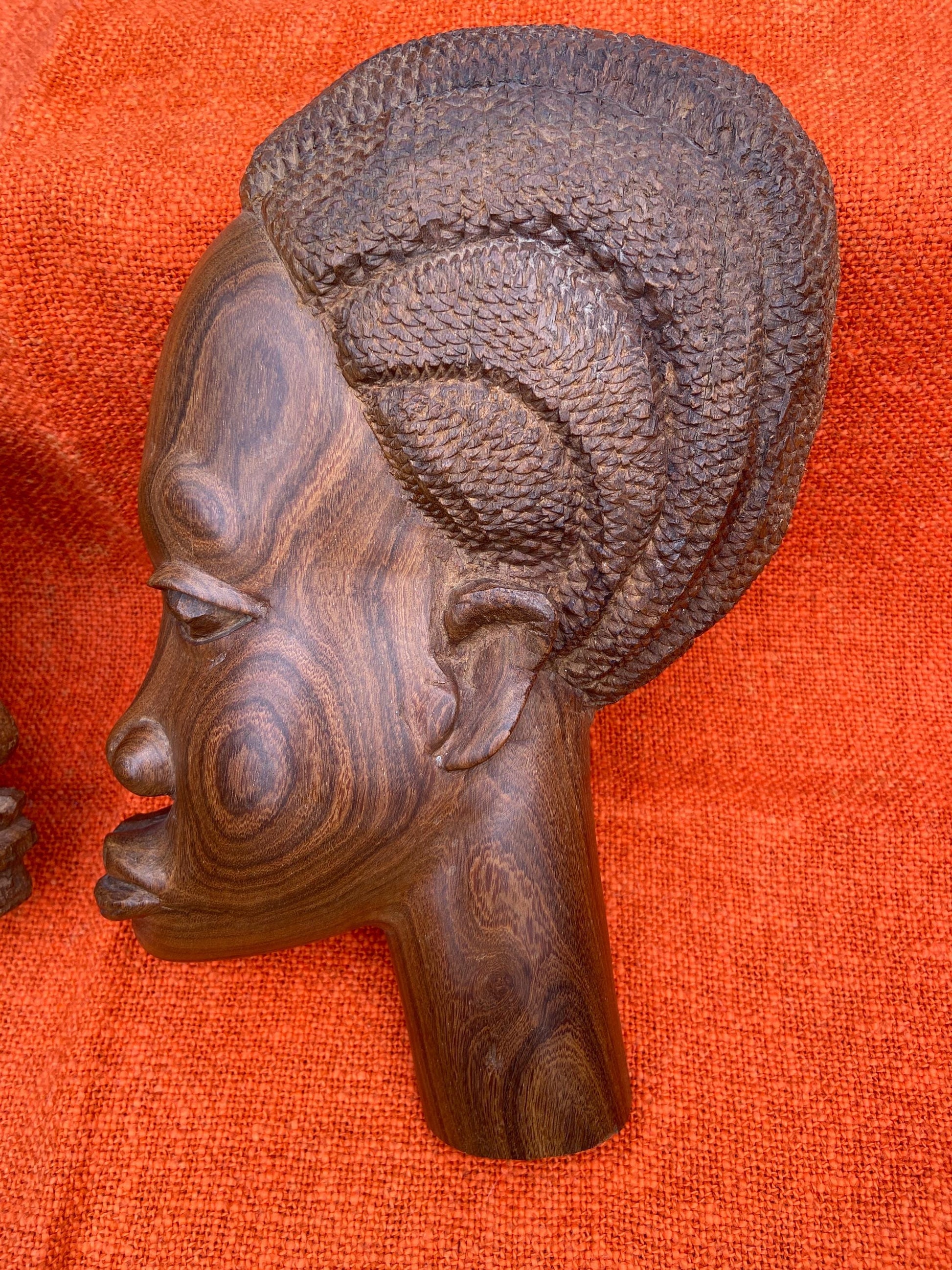 Vintage African hand carved wood faces, pair of African sculptures, Ethnic art, wooden wall art