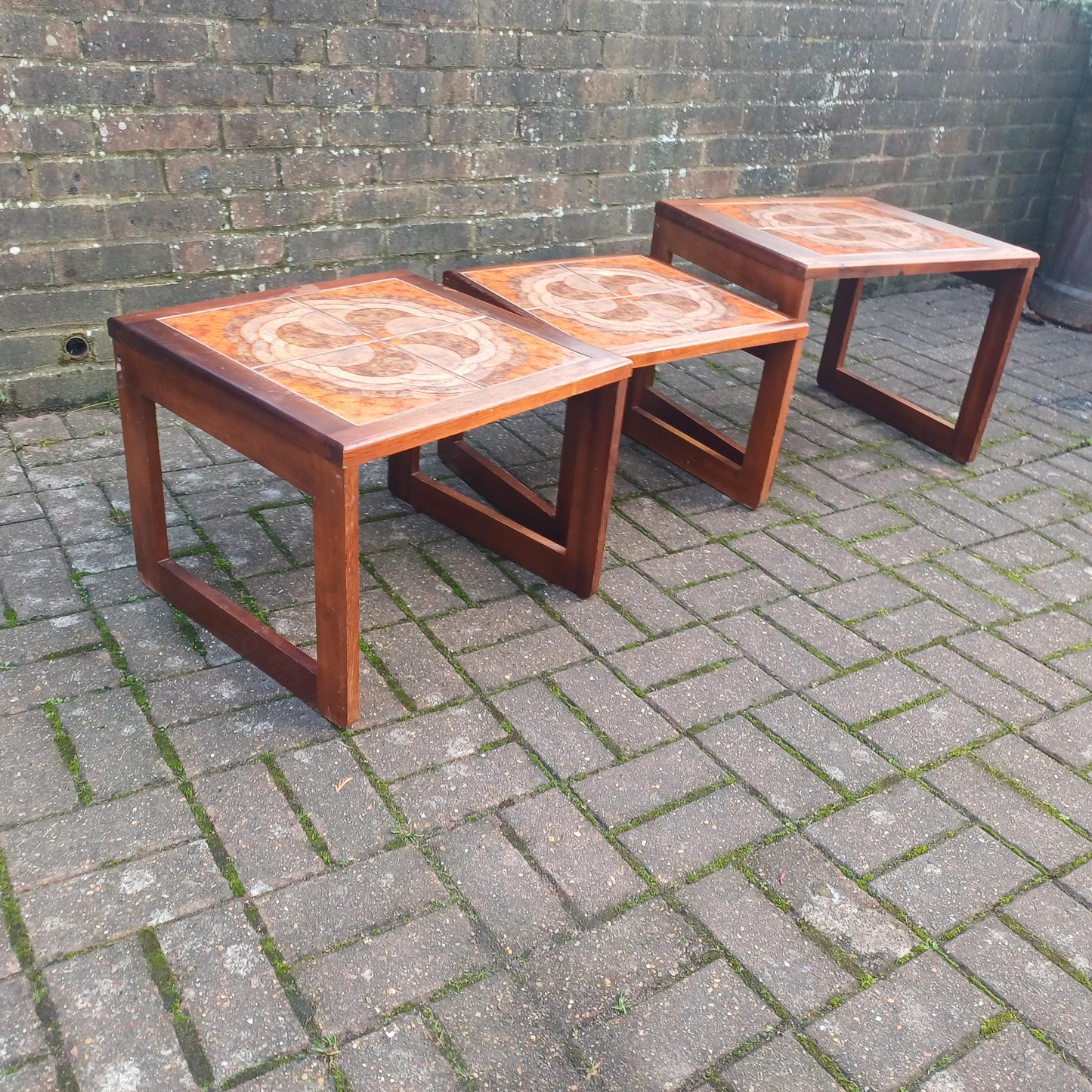 Classic Set of 70s Retro Mid Century Tile Top and Teak Hefty Coffee Side Occasional Bedside Tables FREE HAND Delivery