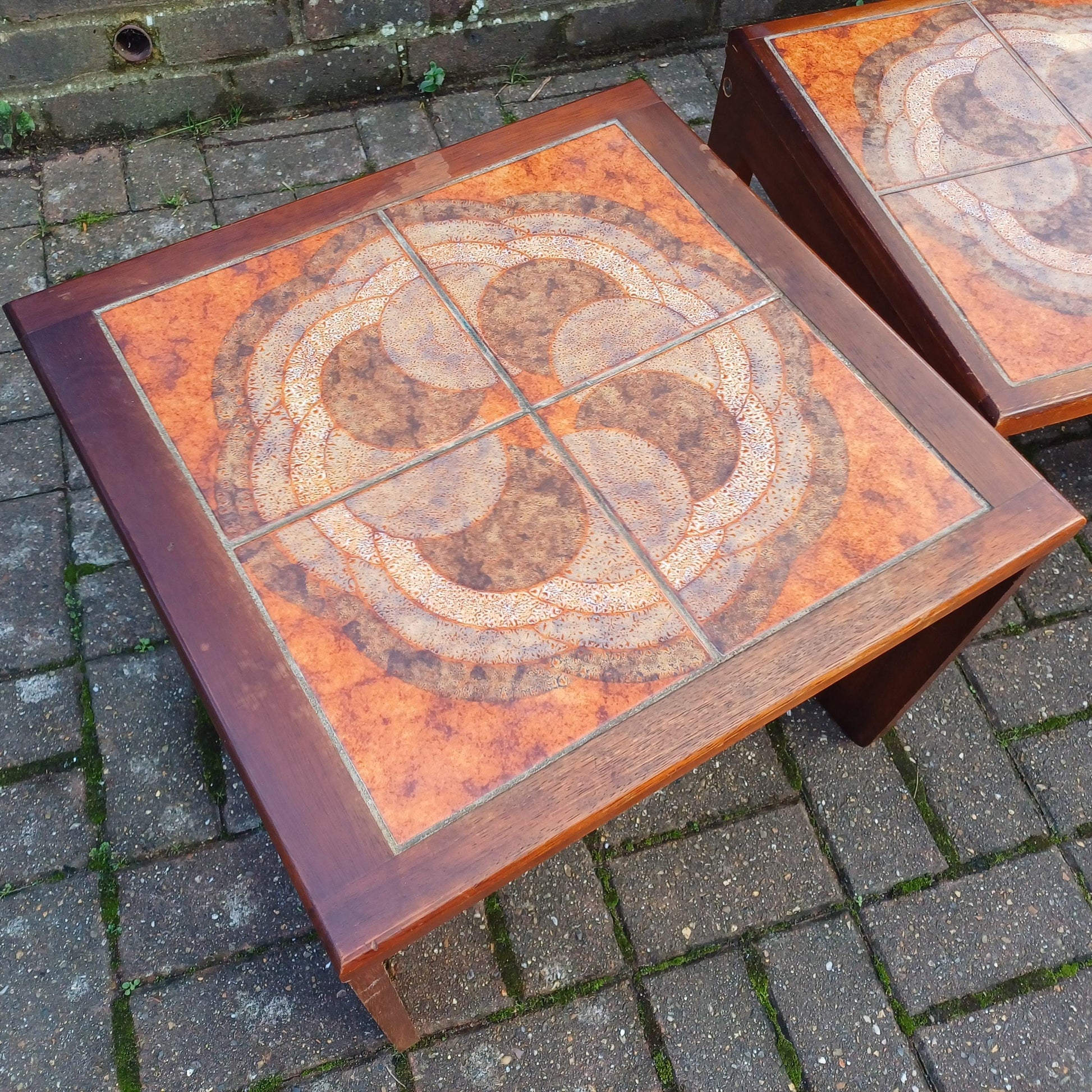 Classic Set of 70s Retro Mid Century Tile Top and Teak Hefty Coffee Side Occasional Bedside Tables FREE HAND Delivery
