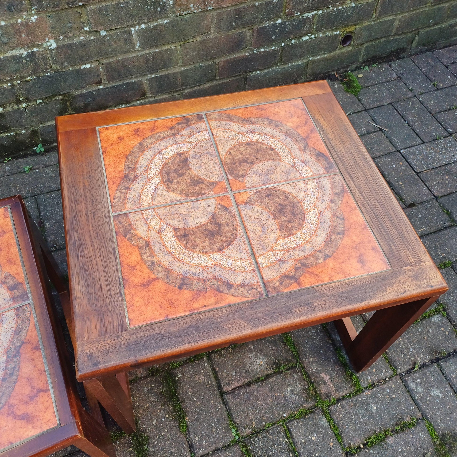Classic Set of 70s Retro Mid Century Tile Top and Teak Hefty Coffee Side Occasional Bedside Tables FREE HAND Delivery
