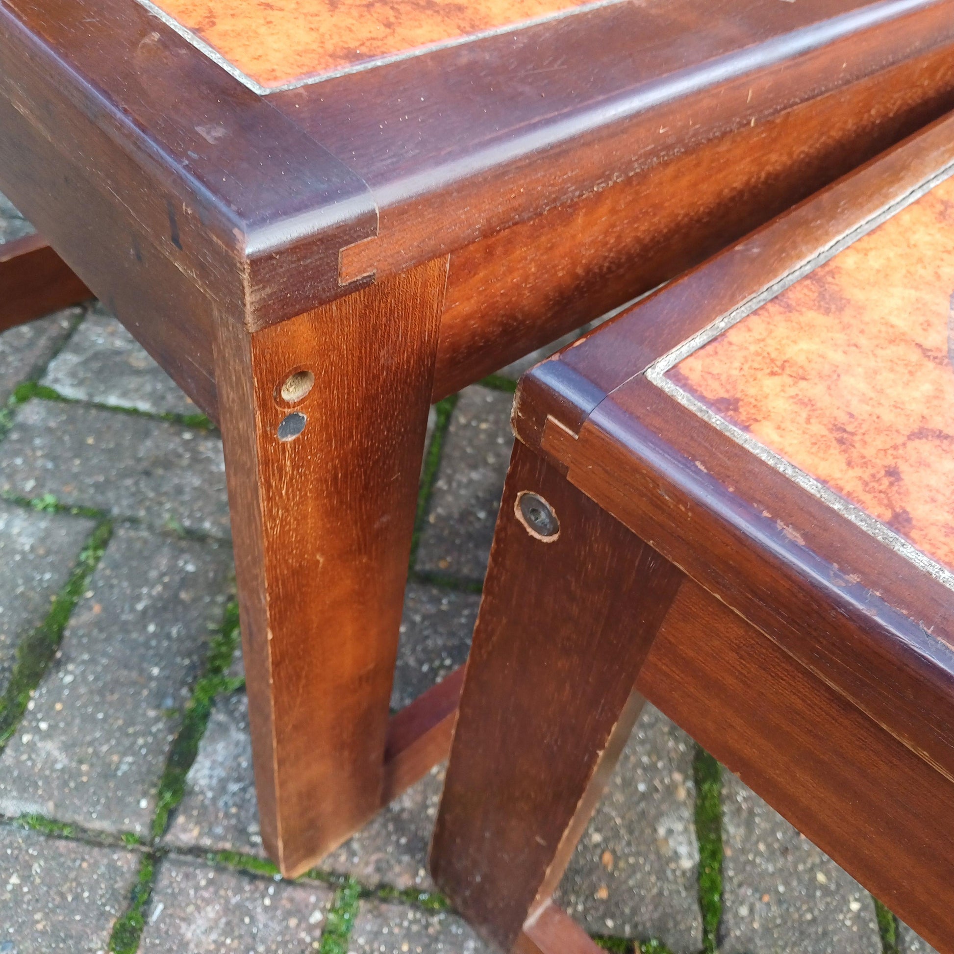 Classic Set of 70s Retro Mid Century Tile Top and Teak Hefty Coffee Side Occasional Bedside Tables FREE HAND Delivery