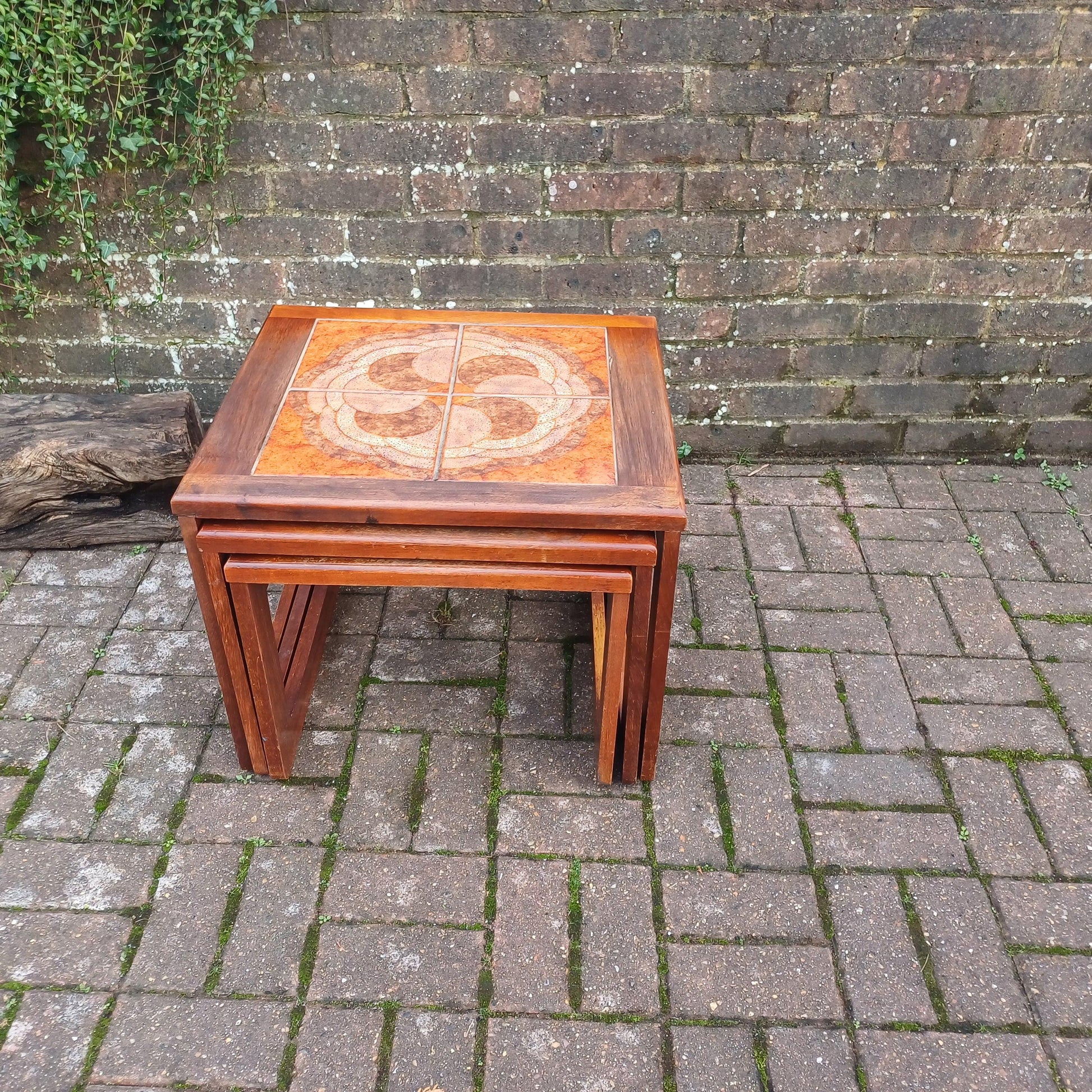 Classic Set of 70s Retro Mid Century Tile Top and Teak Hefty Coffee Side Occasional Bedside Tables FREE HAND Delivery