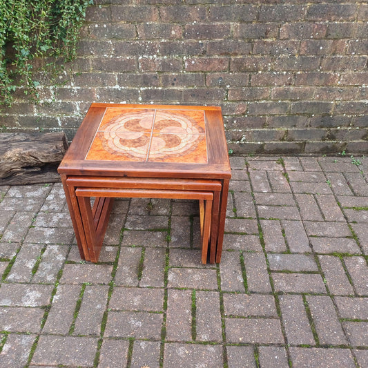 Classic Set of 70s Retro Mid Century Tile Top and Teak Hefty Coffee Side Occasional Bedside Tables FREE HAND Delivery