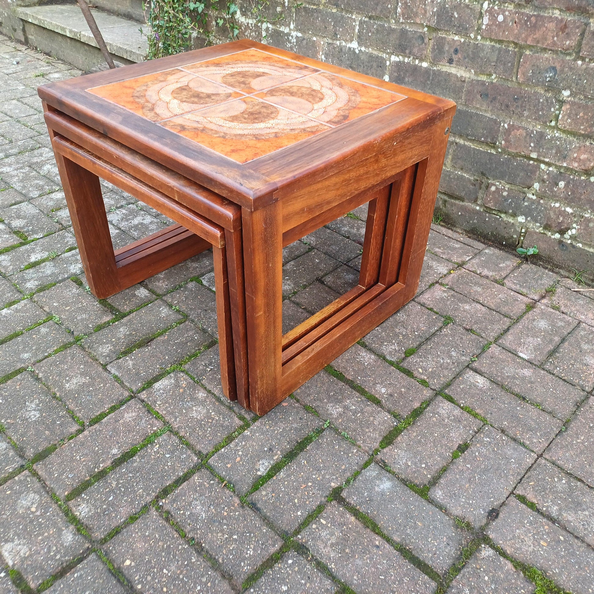 Classic Set of 70s Retro Mid Century Tile Top and Teak Hefty Coffee Side Occasional Bedside Tables FREE HAND Delivery