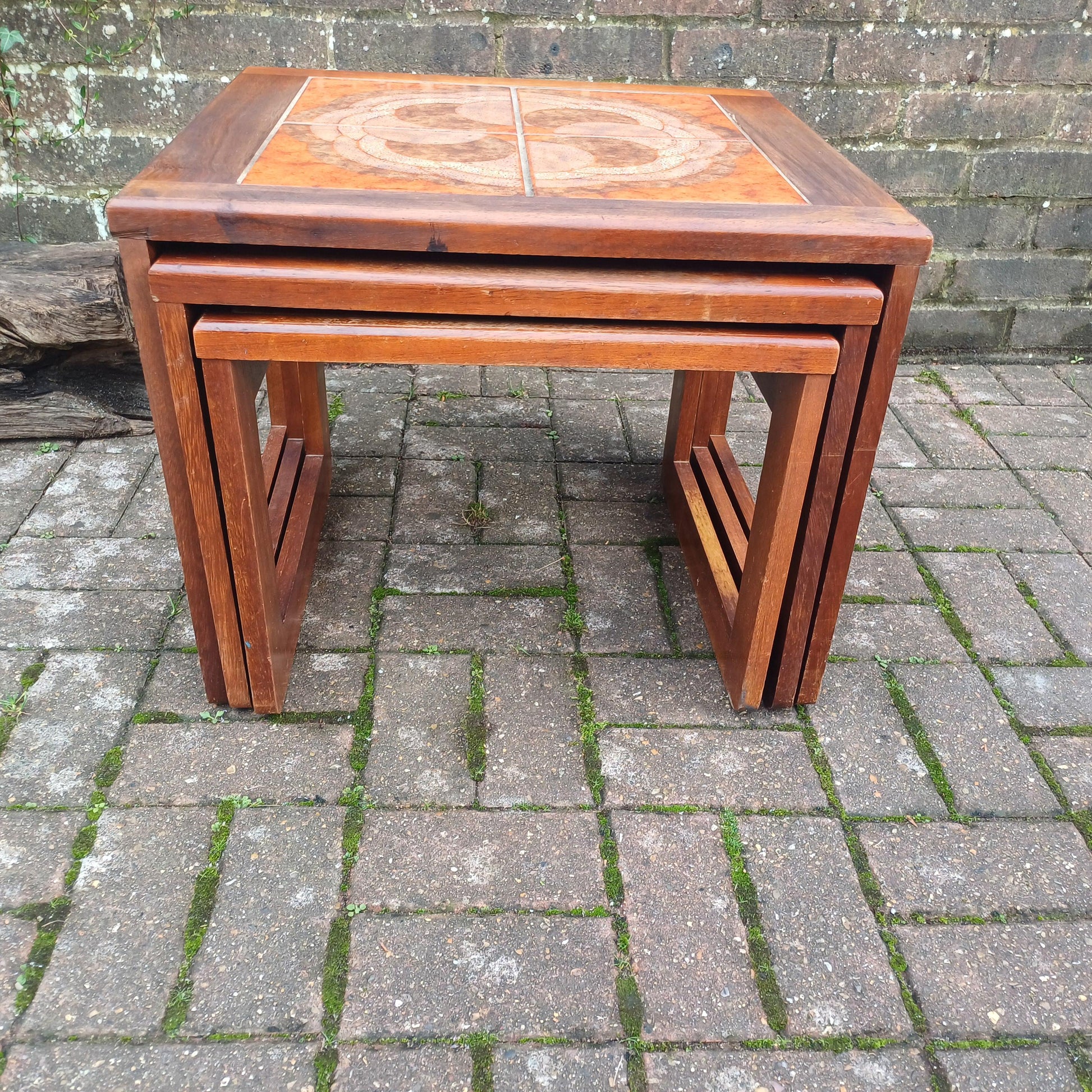 Classic Set of 70s Retro Mid Century Tile Top and Teak Hefty Coffee Side Occasional Bedside Tables FREE HAND Delivery