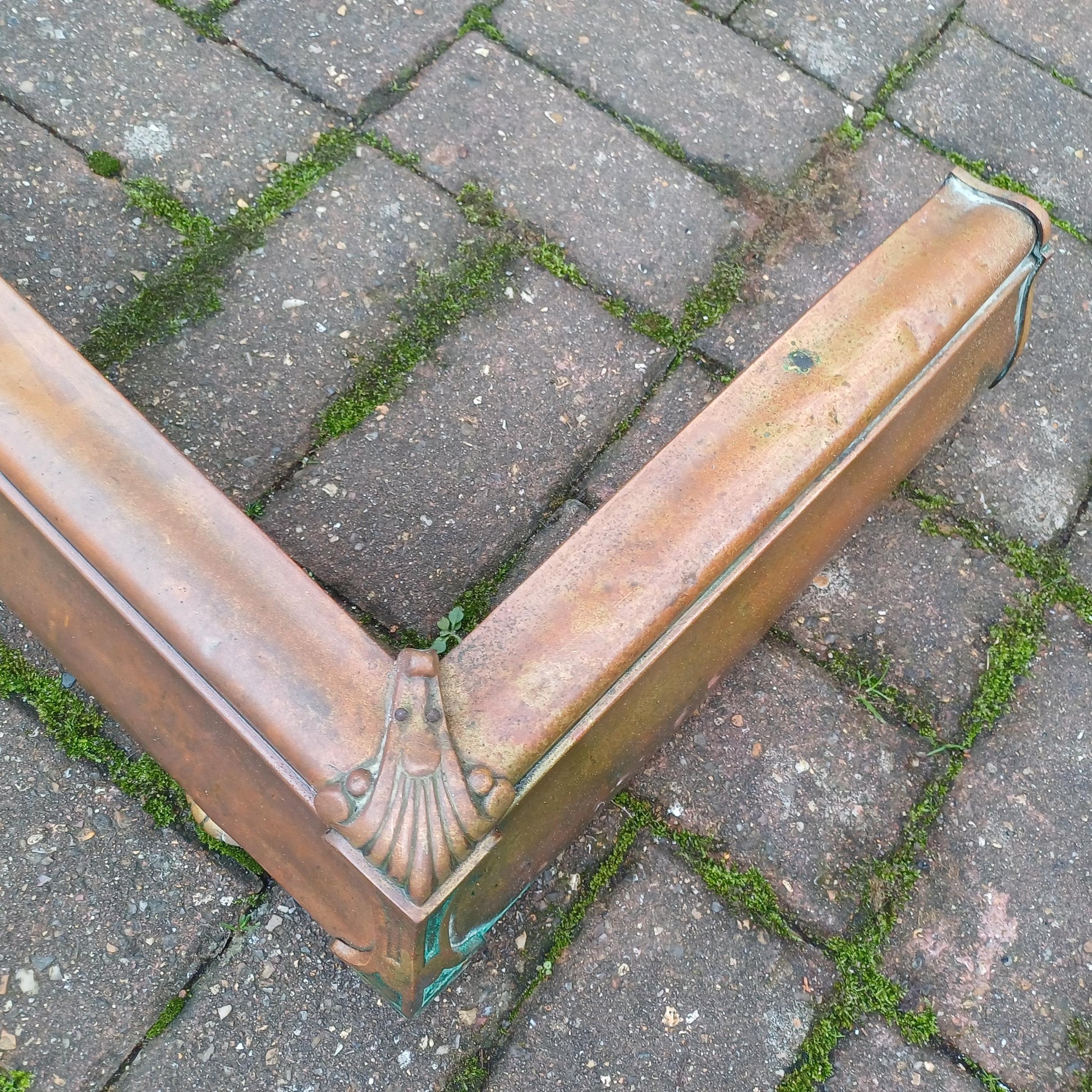 Stunning Age-Worn Brass Fireplace Fender with Original Gold Patina