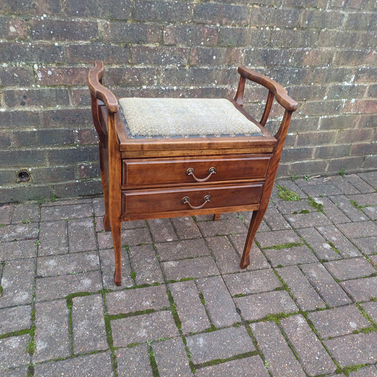 Antique Late Victorian Upholstered Mahogany Piano Stool with Drop Down Music Drawers and Ornate Brass Handles
