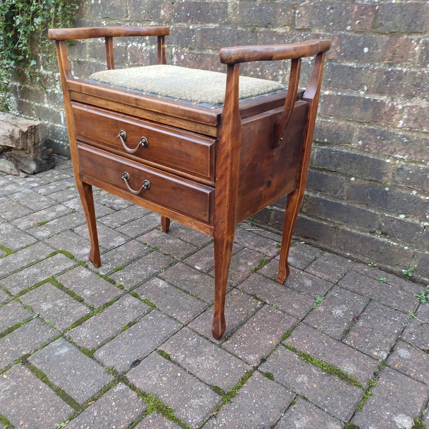 Antique Late Victorian Upholstered Mahogany Piano Stool with Drop Down Music Drawers and Ornate Brass Handles