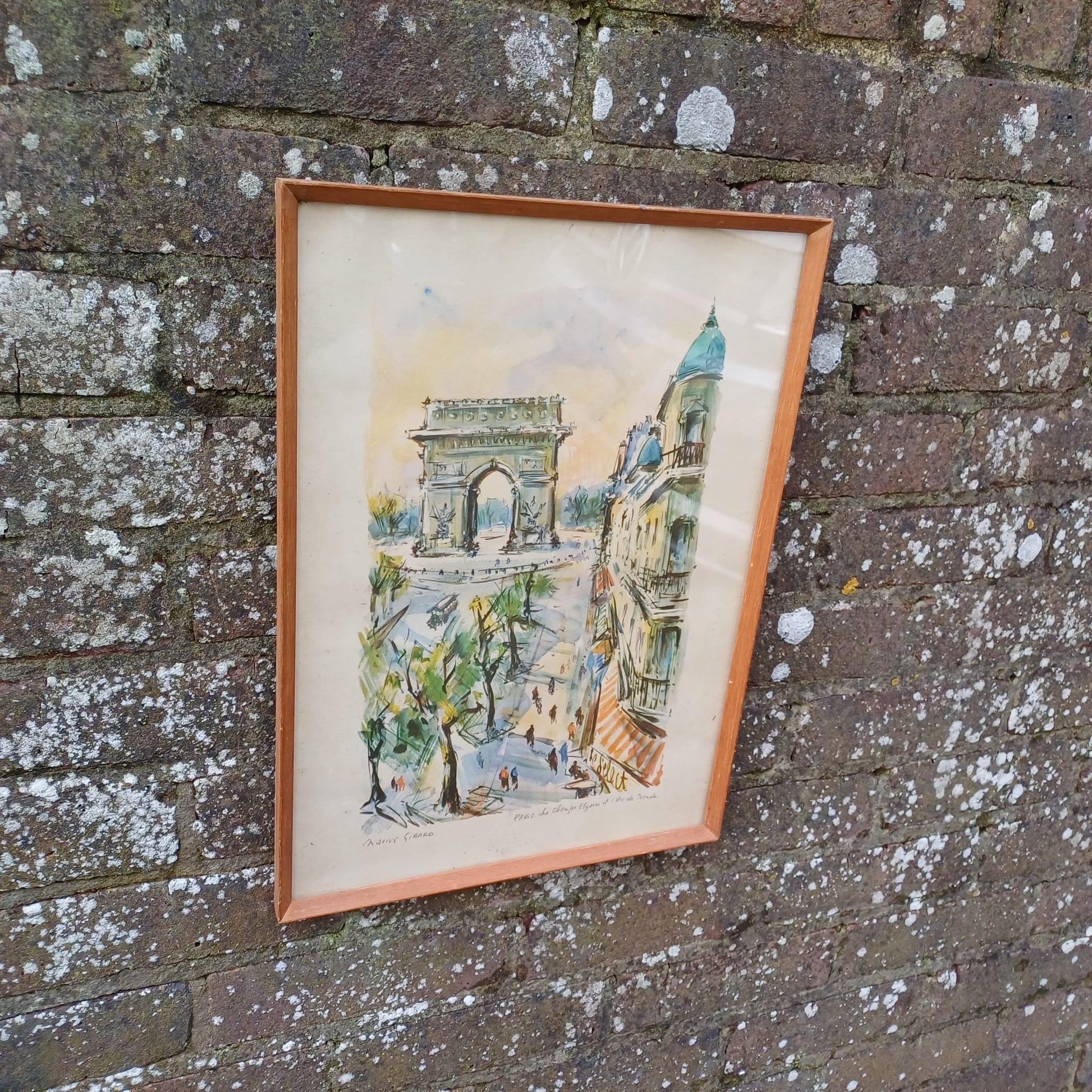 Retro Print of Marius Girard Paris Water Colour - mid century retro painting, vintage frame Les Champs Elysees Arc de Triomphe (46cm x 33cm)
