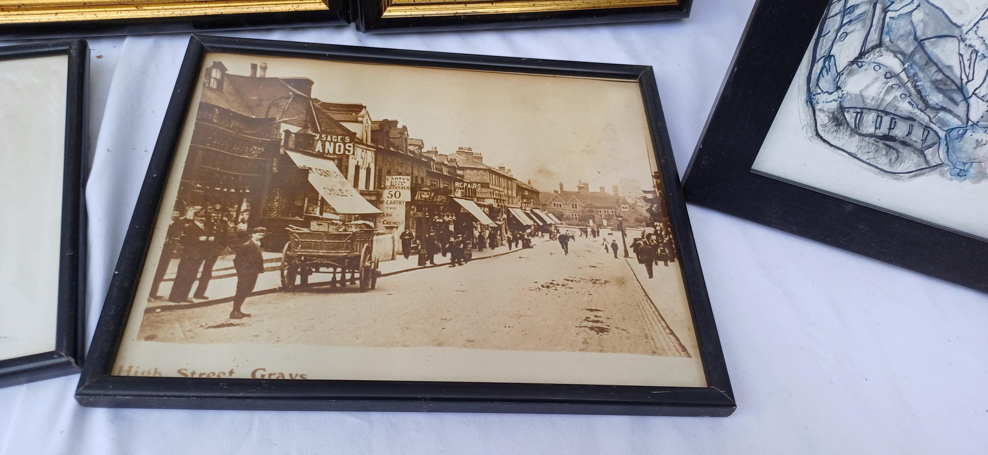 Collection of 6 Vintage Black Gold Pictures Prints Frames Framing Glazed with Boarded Backings Frame Photo Artist Upcycling Project.