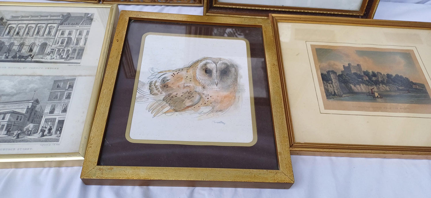 Collection of 7 Gold Vintage Pictures Prints Frames Framing Glazed with Boarded Backings Frame Photo Photograph Artist Upcycling Project.