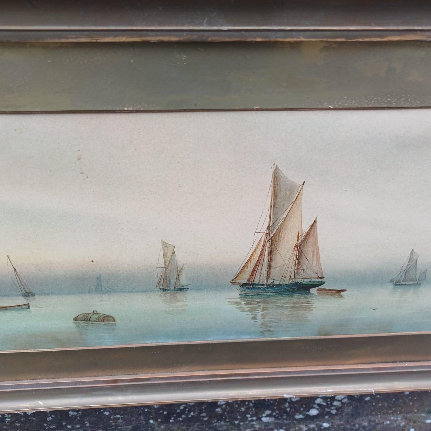 Garmin Morris Early 1900s Vintage Seascape Prints x 2 - in vintage frames and mounts - Dawn and Misty Evening