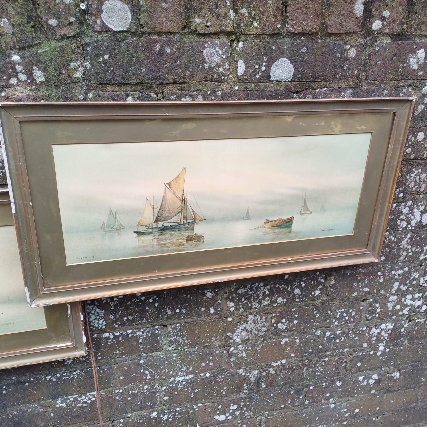Garmin Morris Early 1900s Vintage Seascape Prints x 2 - in vintage frames and mounts - Dawn and Misty Evening