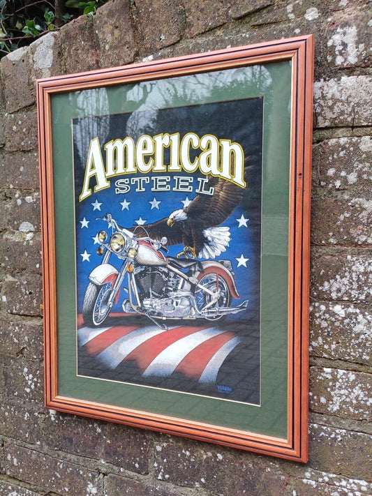 iconic harley davidson motorcycle american steel print.  classic print by wildside and framed professionally. bold and bright.