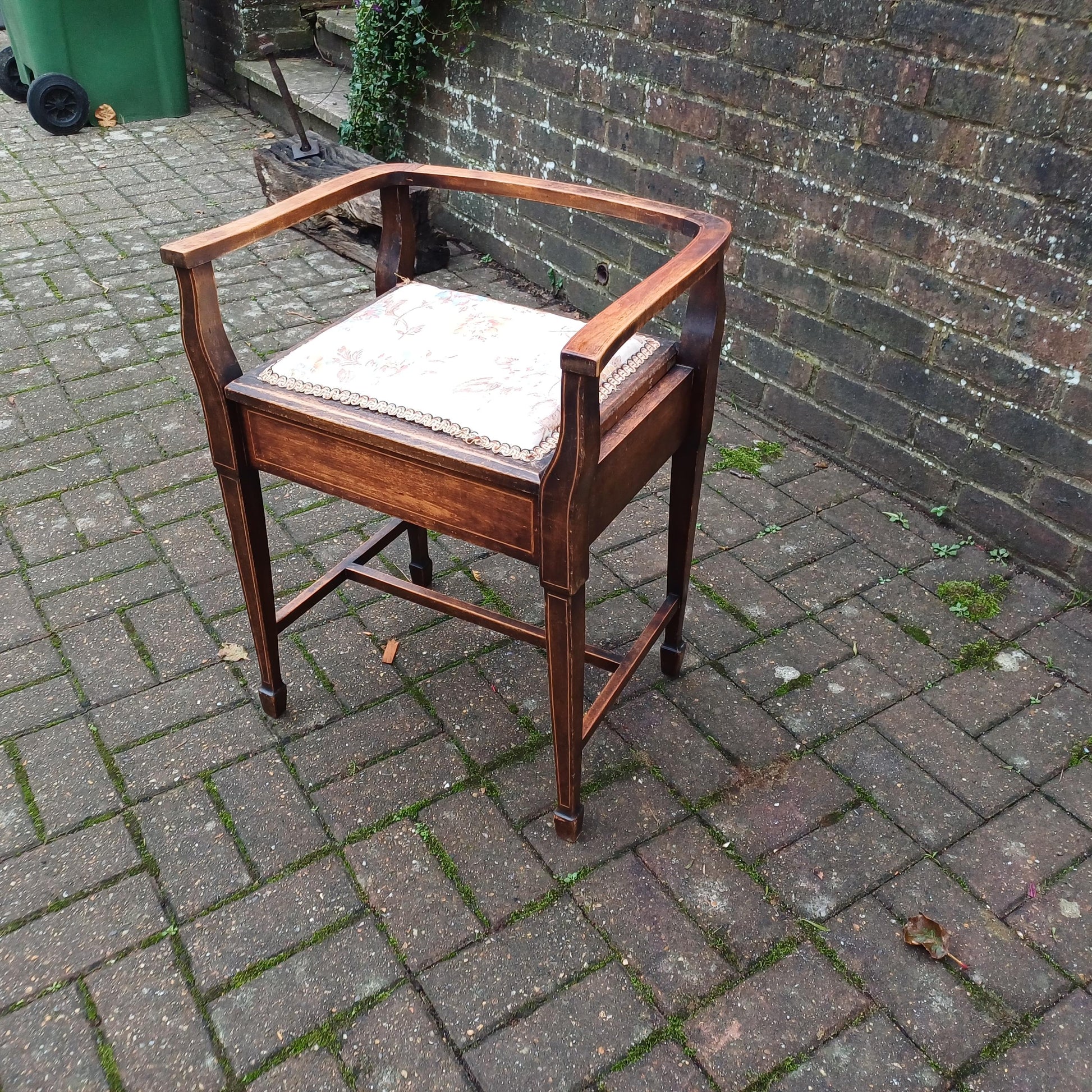 Vintage Edwardian Inlaid and Upholstered Piano Stool with Inner Compartment.
