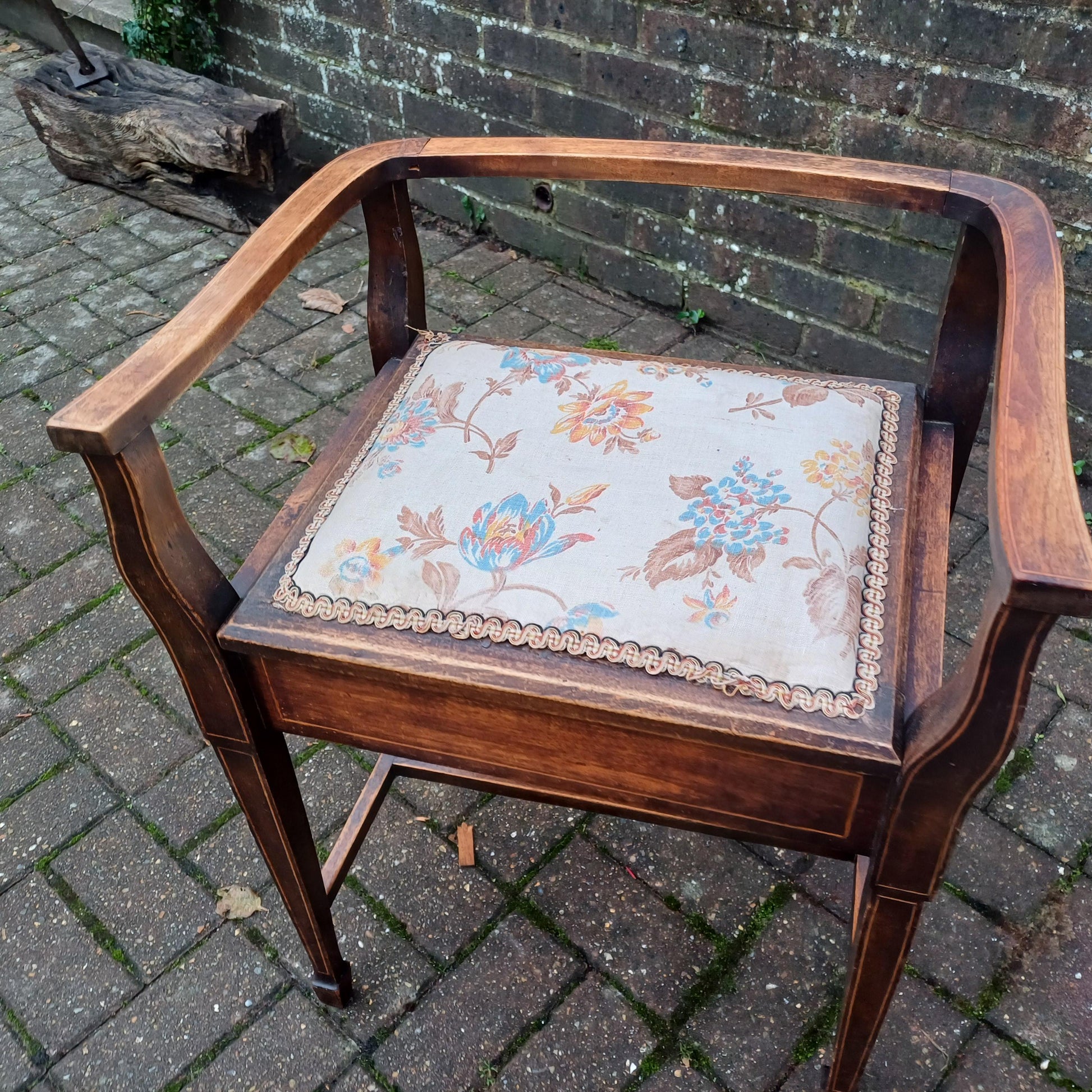 Vintage Edwardian Inlaid and Upholstered Piano Stool with Inner Compartment.