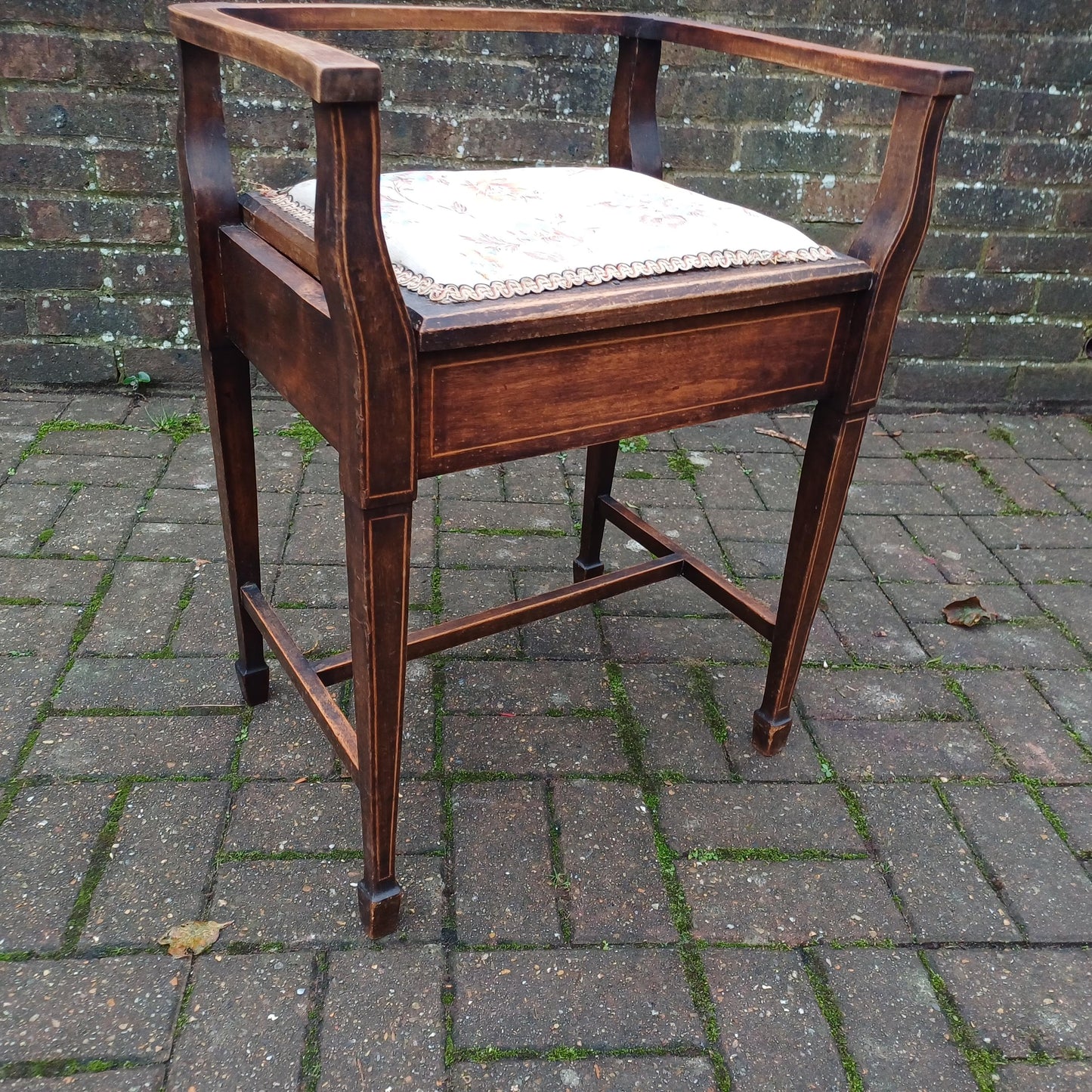 Vintage Edwardian Inlaid and Upholstered Piano Stool with Inner Compartment.