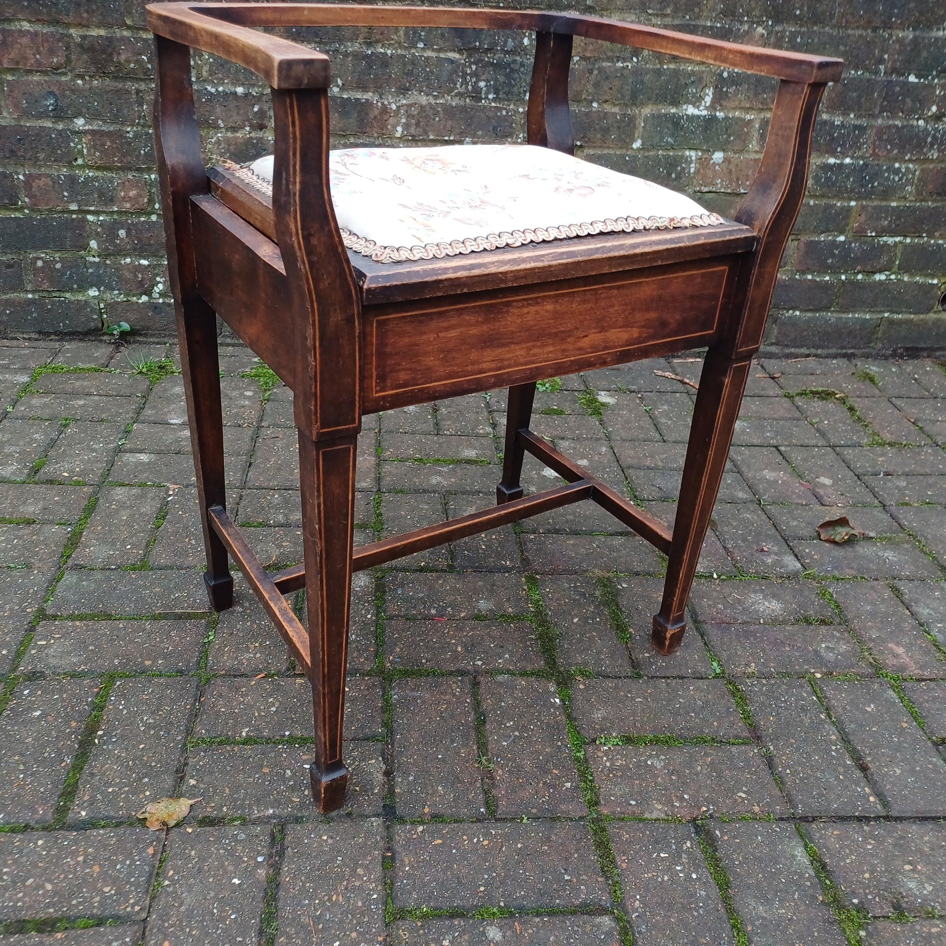 Vintage Edwardian Inlaid and Upholstered Piano Stool with Inner Compartment.