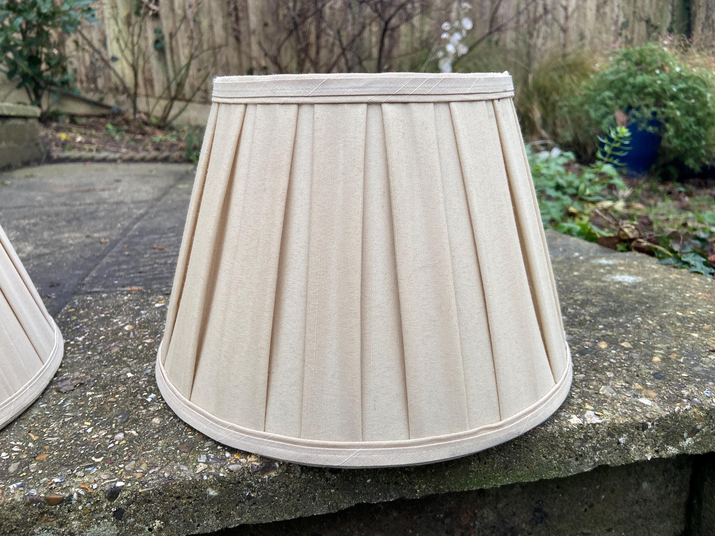 Two matching vintage pleated gold sand coloured Empire shape - perfect for table lamps 14 inch and 10.5 inch