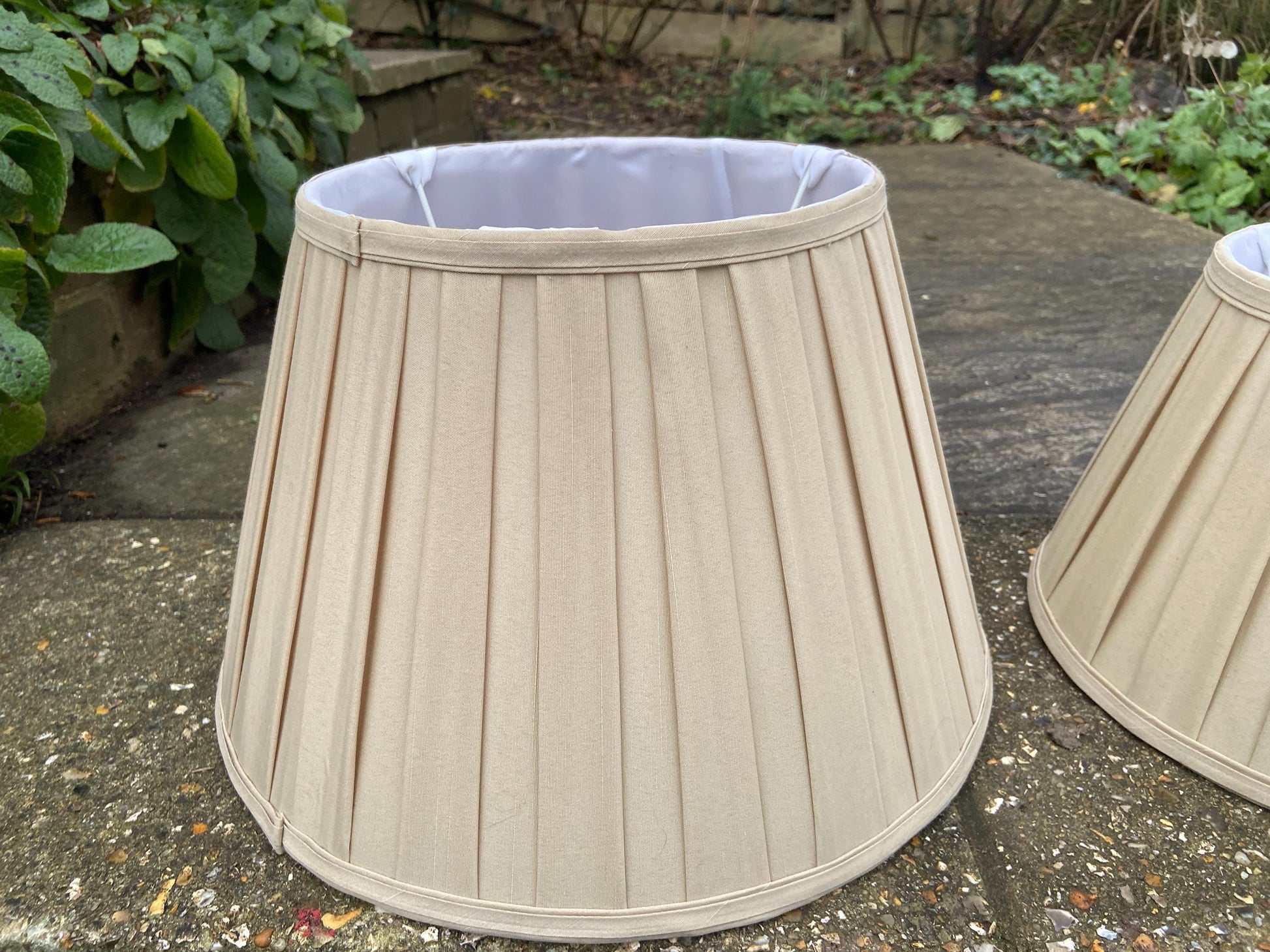 Two matching vintage pleated gold sand coloured Empire shape - perfect for table lamps 14 inch and 10.5 inch