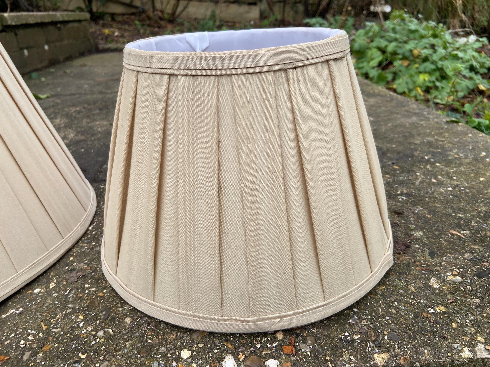 Two matching vintage pleated gold sand coloured Empire shape - perfect for table lamps 14 inch and 10.5 inch