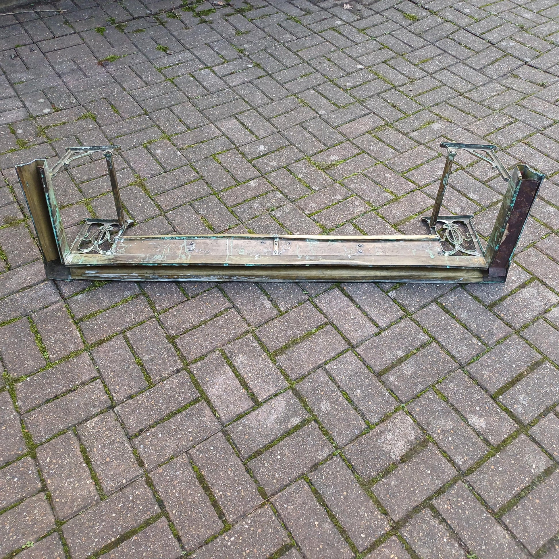Large Vintage Brass Victorian Fireplace Fender with Aged Patina - Decorative Antique Hearth Piece