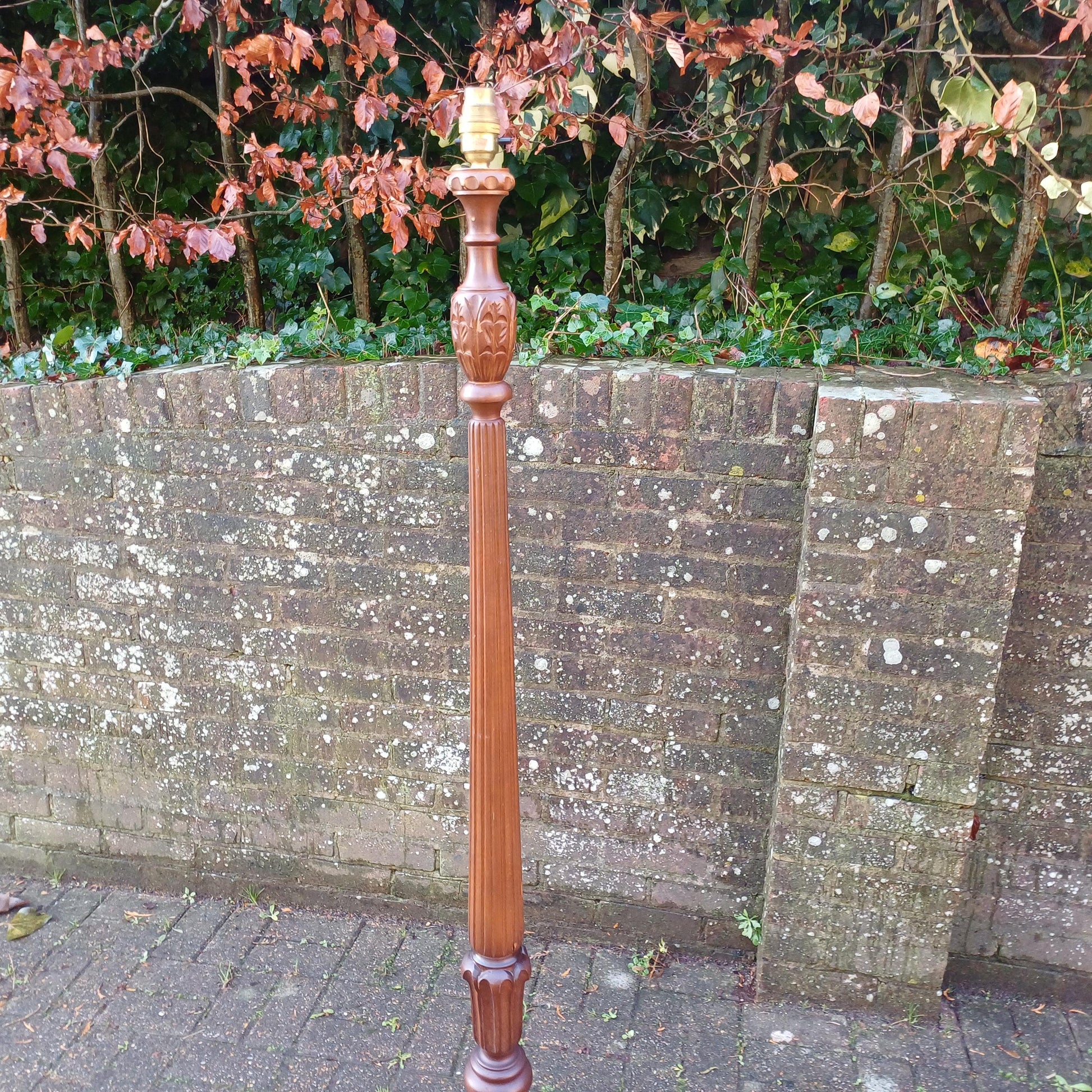 Imposing Vintage 1960s Solid Beech Standard Lamp with Carved Details and Dark Finish