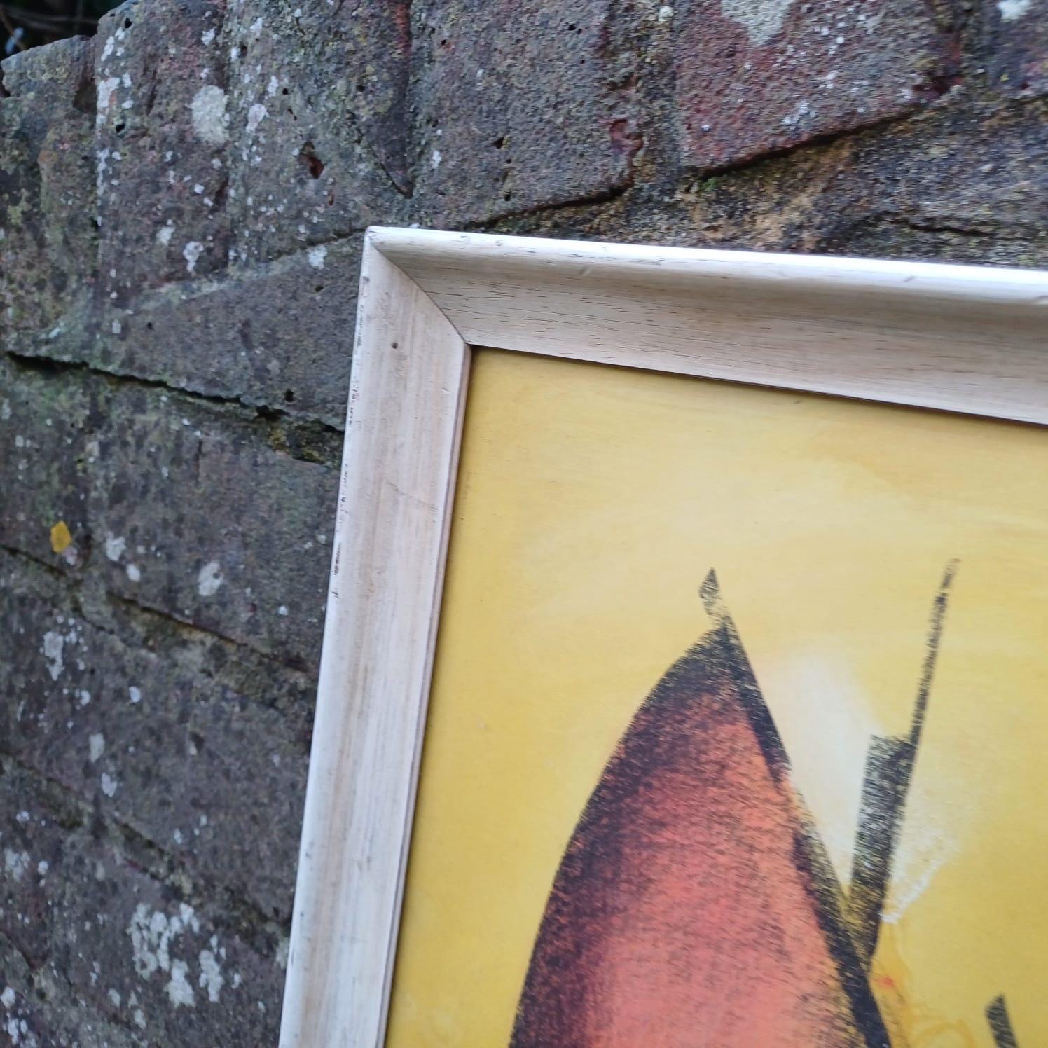 Large Retro Sunset print (or original) oranges, signed, Venice? 1950s or 1960s? framed in lovely wooden vintage frame. ready to hang