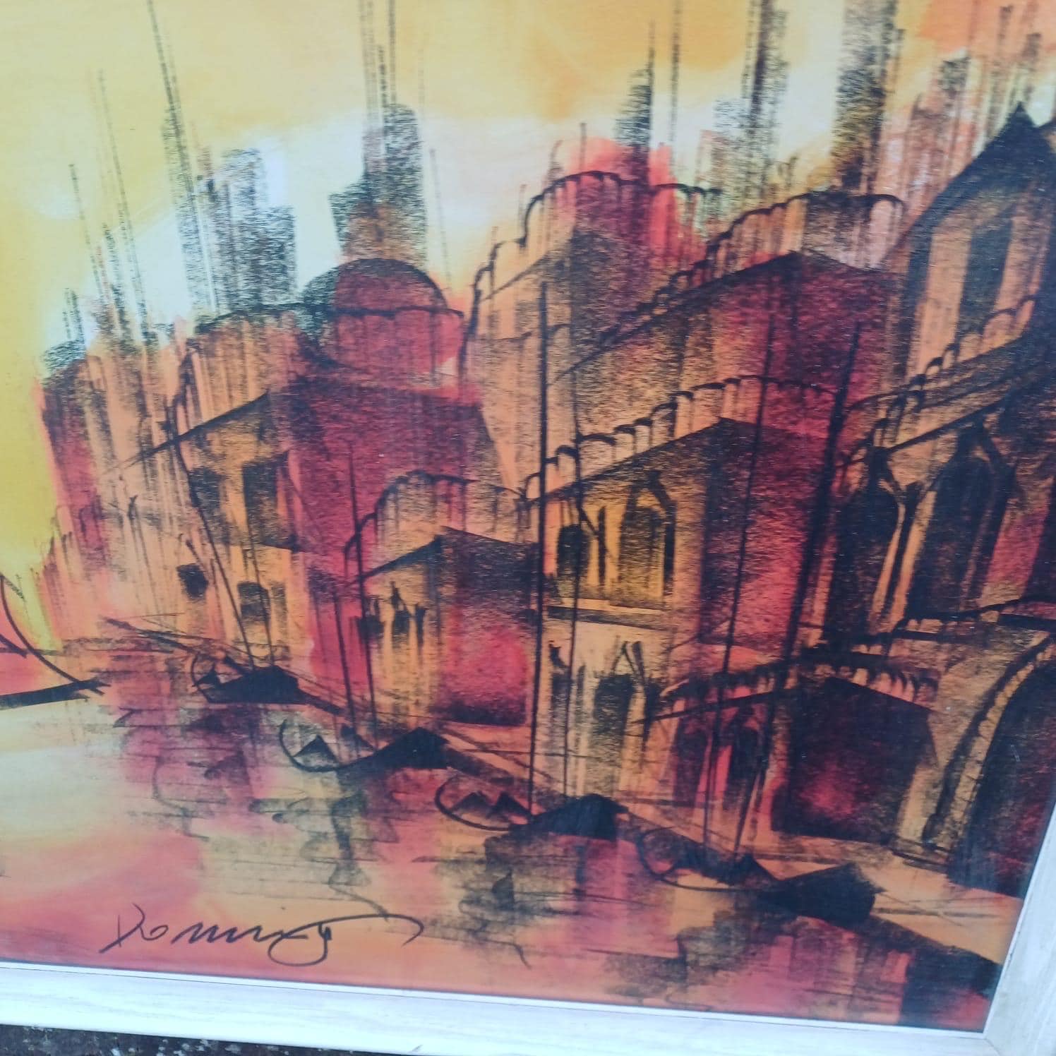 Large Retro Sunset print (or original) oranges, signed, Venice? 1950s or 1960s? framed in lovely wooden vintage frame. ready to hang