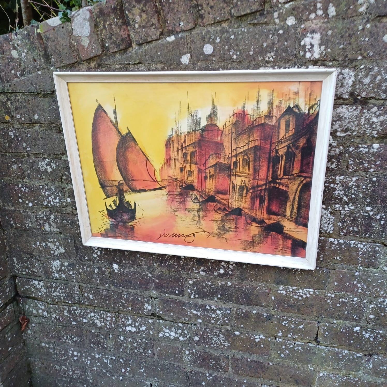 Large Retro Sunset print (or original) oranges, signed, Venice? 1950s or 1960s? framed in lovely wooden vintage frame. ready to hang