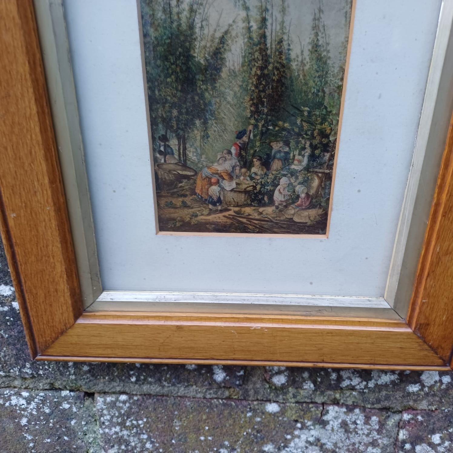 Gorgeous Frame and 1856 Baxter Print The Hop Garden in gorgeous wooden (oak) vintage glazed frame, ready to hand VGC