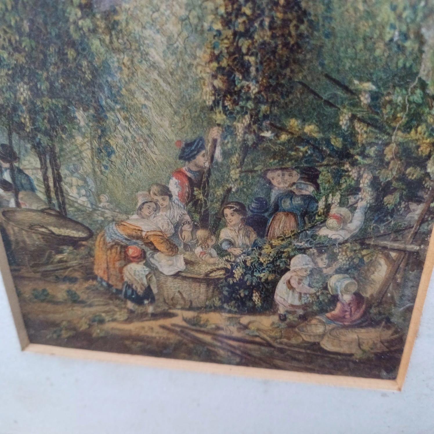 Gorgeous Frame and 1856 Baxter Print The Hop Garden in gorgeous wooden (oak) vintage glazed frame, ready to hand VGC