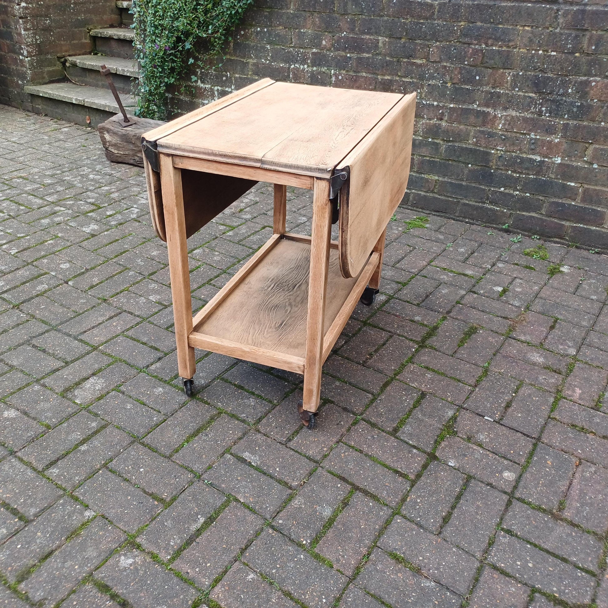 Vintage Solid Oak Cantilever Stripped Oak Trolley Also a Dining or Kitchen Table for Two. FREE HAND Delivery