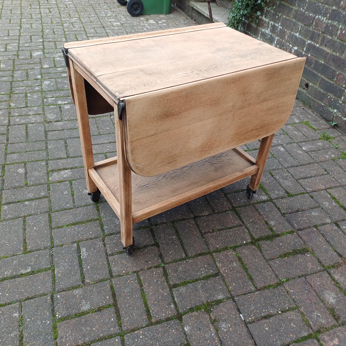 Vintage Solid Oak Cantilever Stripped Oak Trolley Also a Dining or Kitchen Table for Two. FREE HAND Delivery
