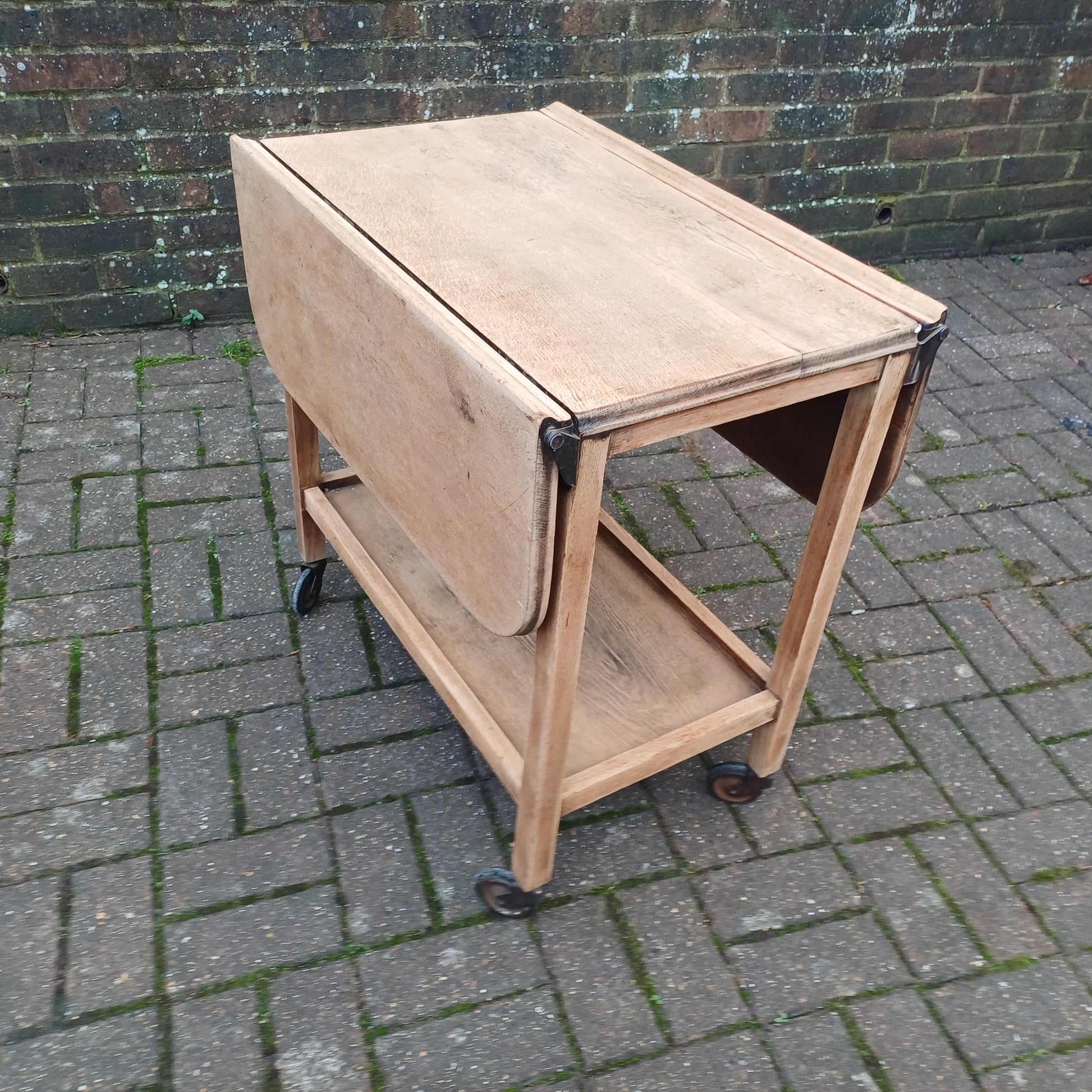 Vintage Solid Oak Cantilever Stripped Oak Trolley Also a Dining or Kitchen Table for Two. FREE HAND Delivery