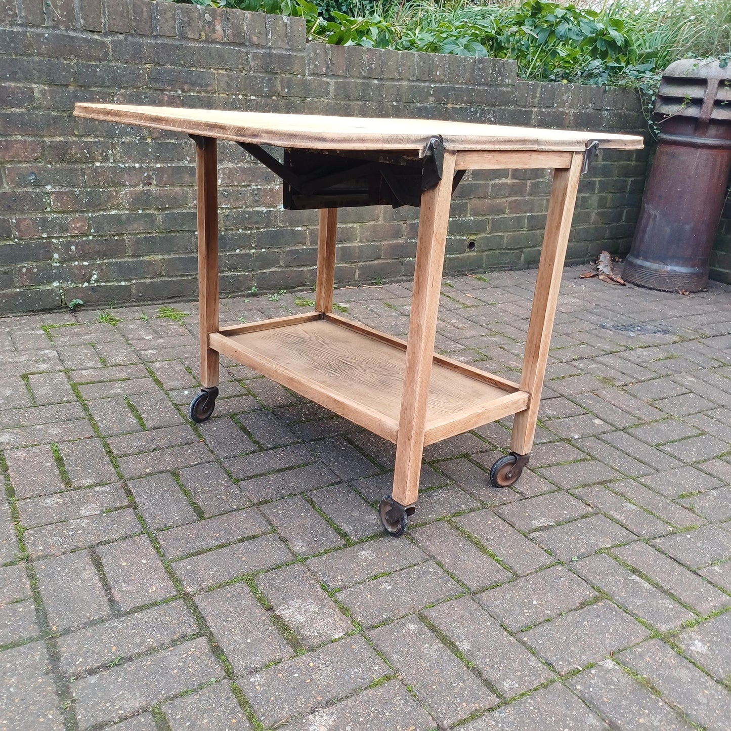 Vintage Solid Oak Cantilever Stripped Oak Trolley Also a Dining or Kitchen Table for Two. FREE HAND Delivery