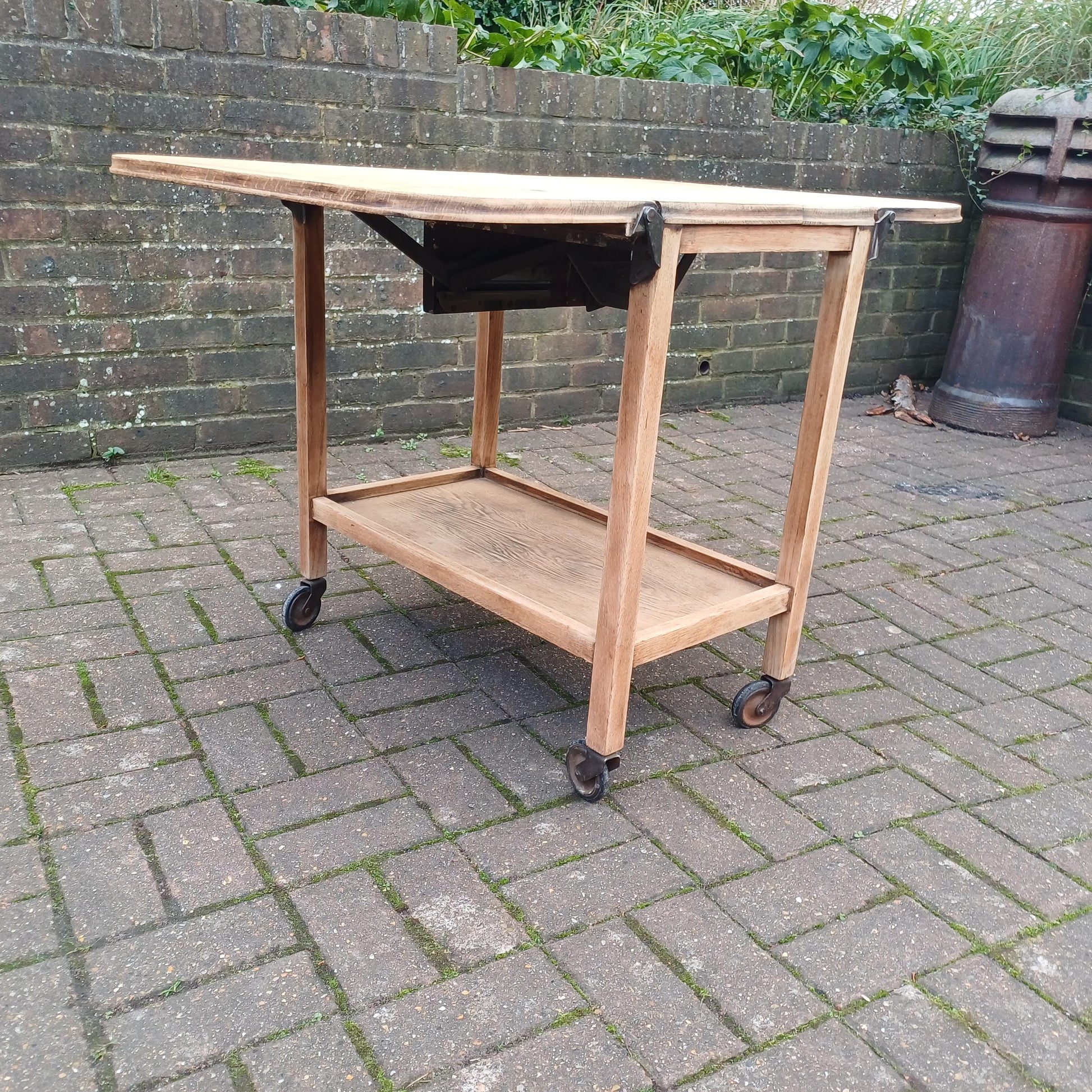 Vintage Solid Oak Cantilever Stripped Oak Trolley Also a Dining or Kitchen Table for Two. FREE HAND Delivery