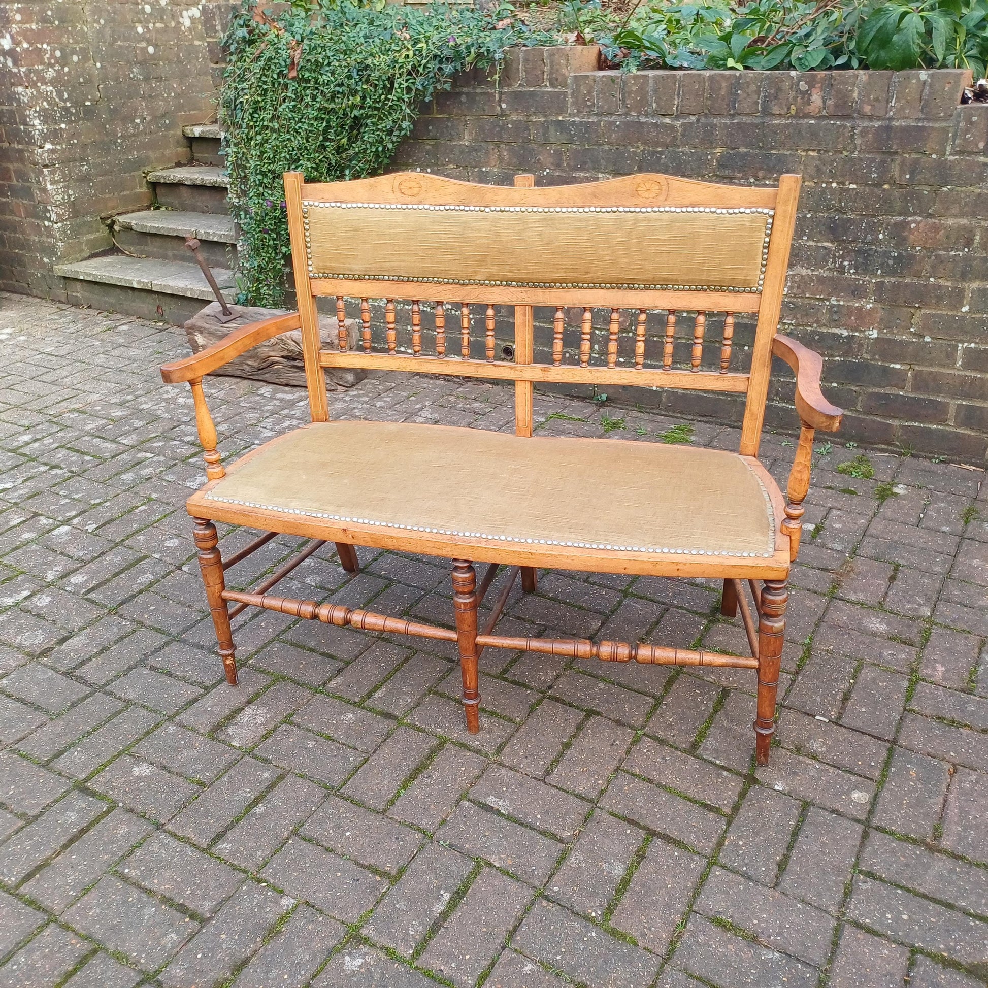 Beautiful Edwardian Mahogany Inlaid and Upholstered Lovers Double Chair Settle FREE HAND Delivery