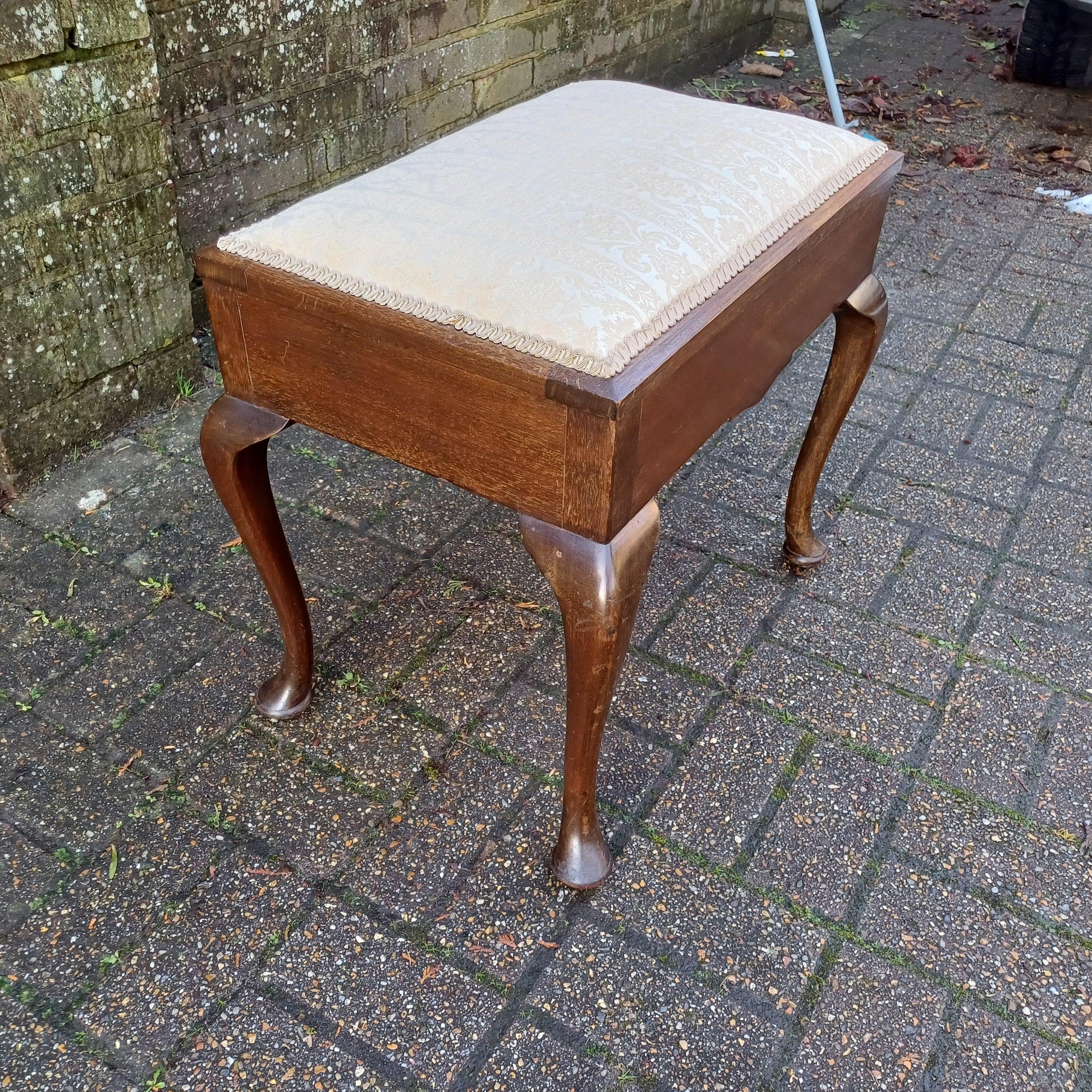 Newly Upholstered Vintage Edwardian Piano Stool with Music Compartment Cabriole Legs